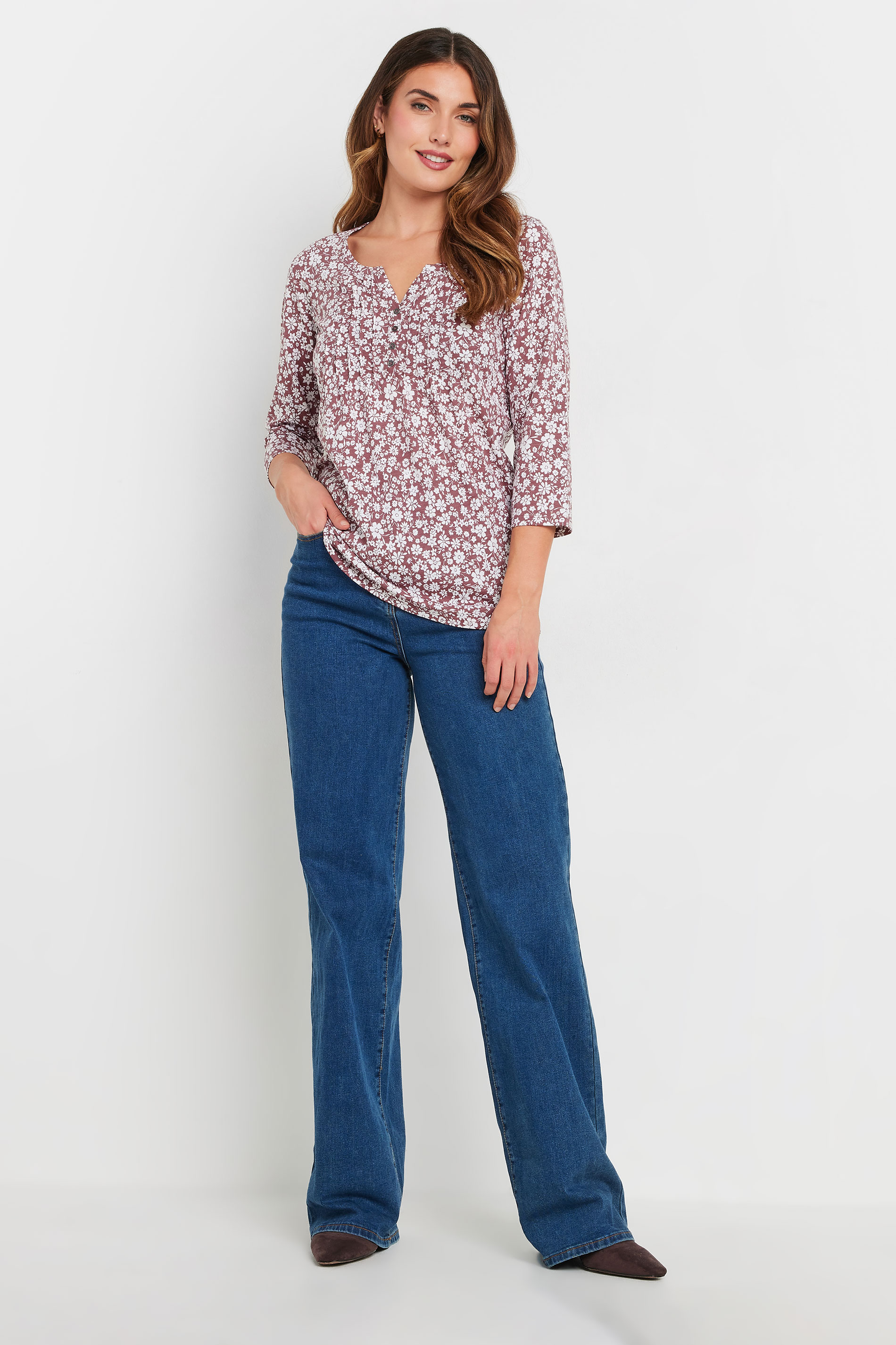 LTS Tall Blush Pink Ditsy Floral Cotton Henley Top | Long Tall Sally 1