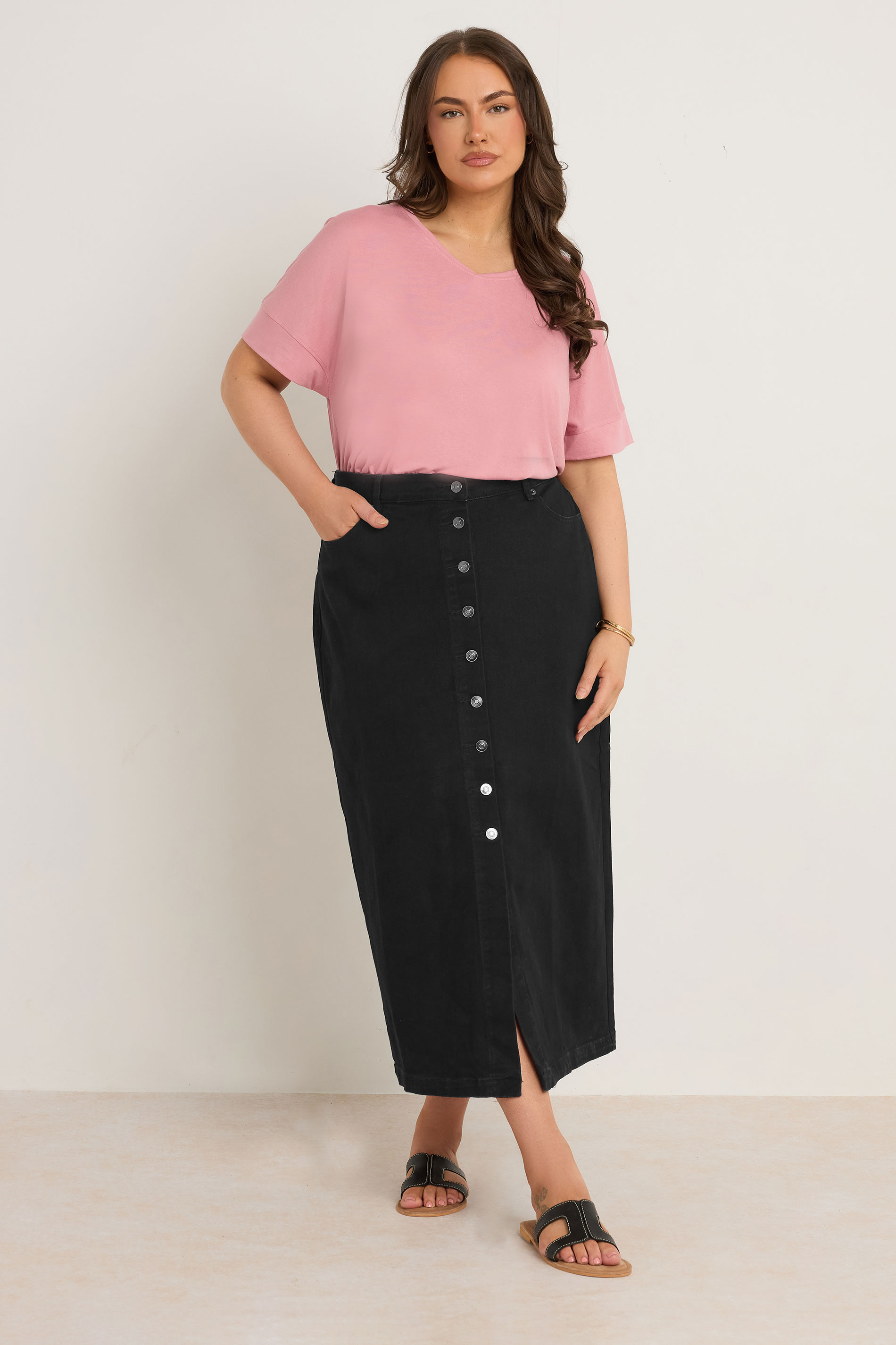 EVANS Plus Size Black Button Through Denim Maxi Skirt | Evans 1