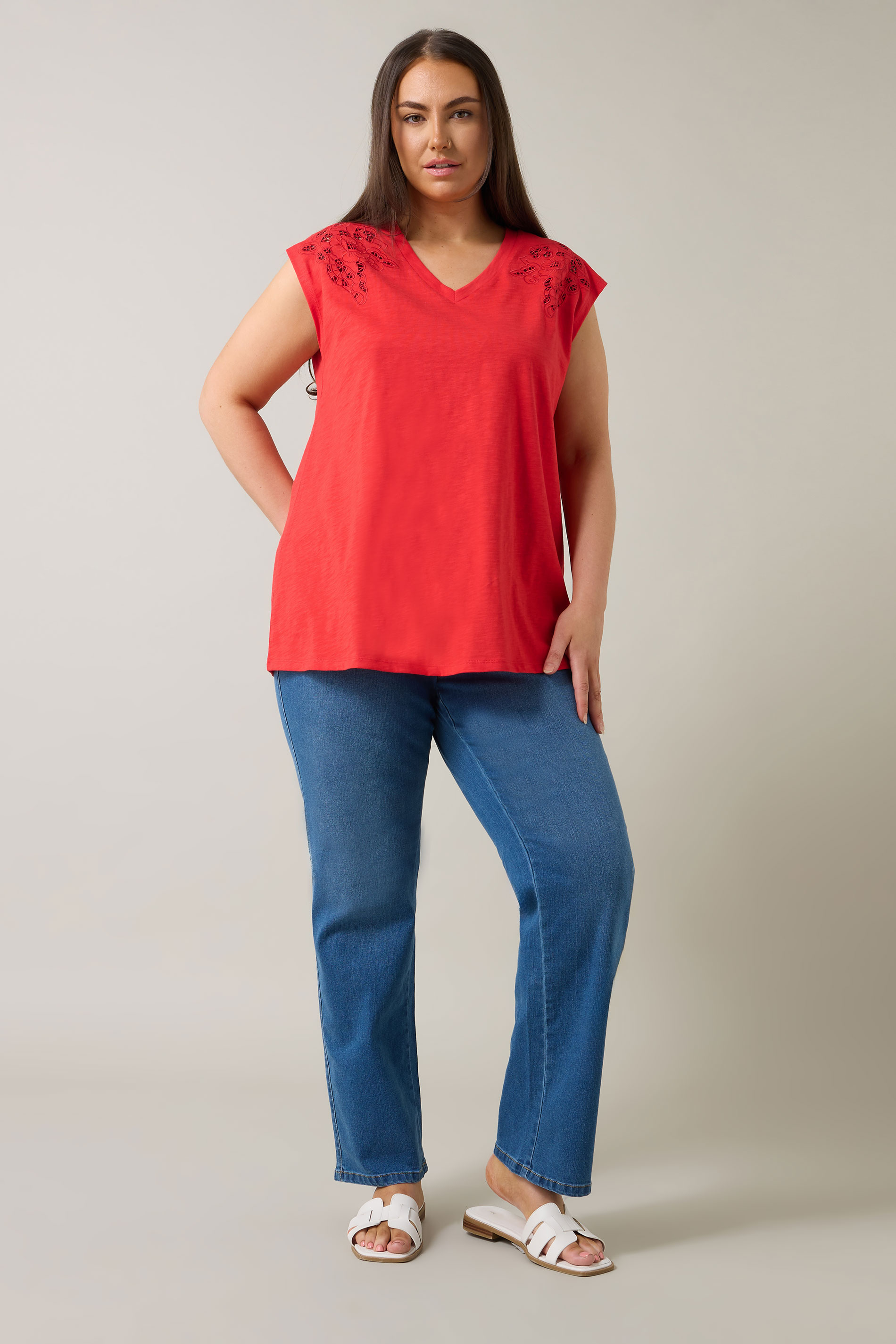 EVANS Plus Size Red Broderie Anglaise Vest Top | Evans 2