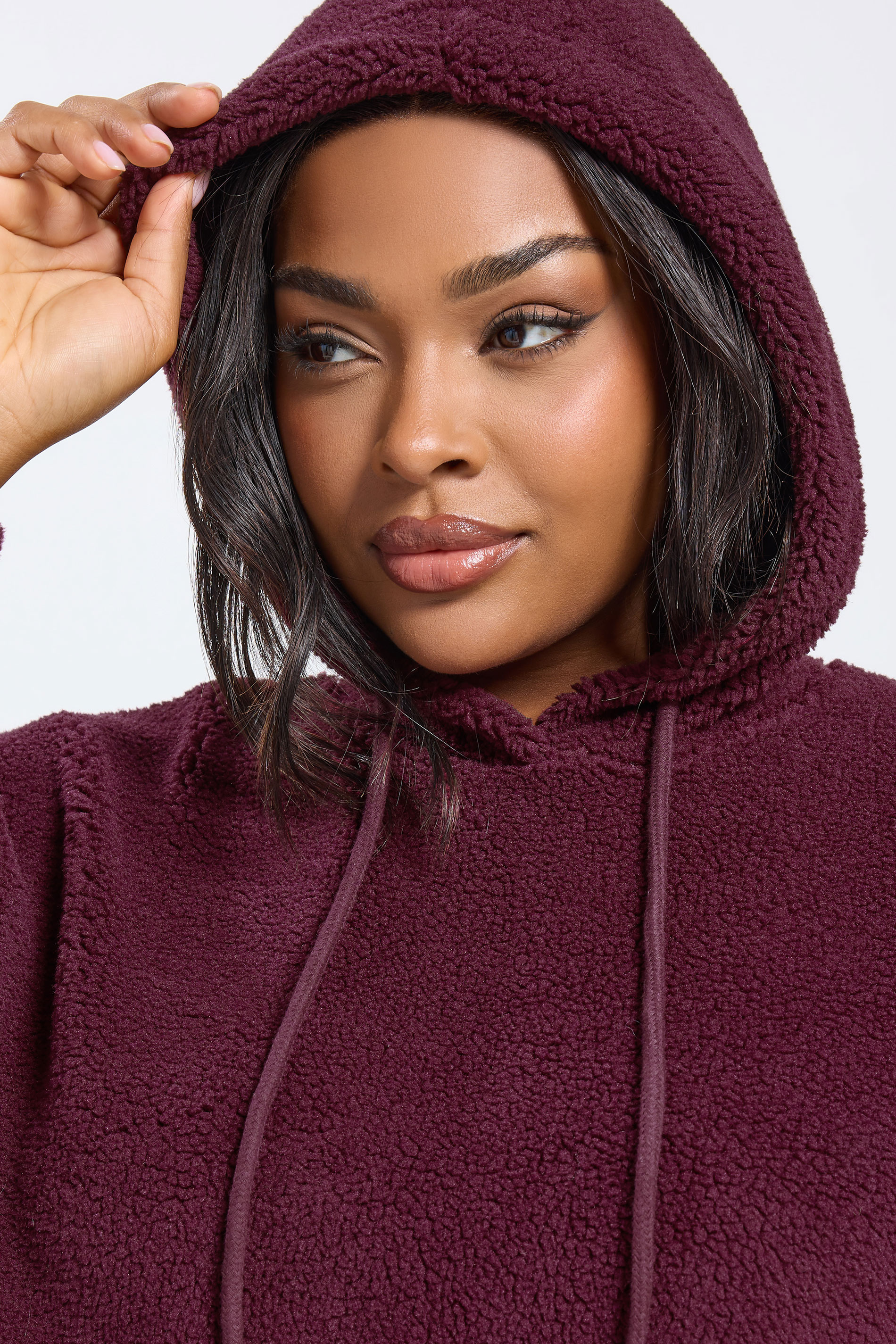 YOURS Plus Size Burgundy Red Teddy Fleece Hoodie | Yours Clothing  4