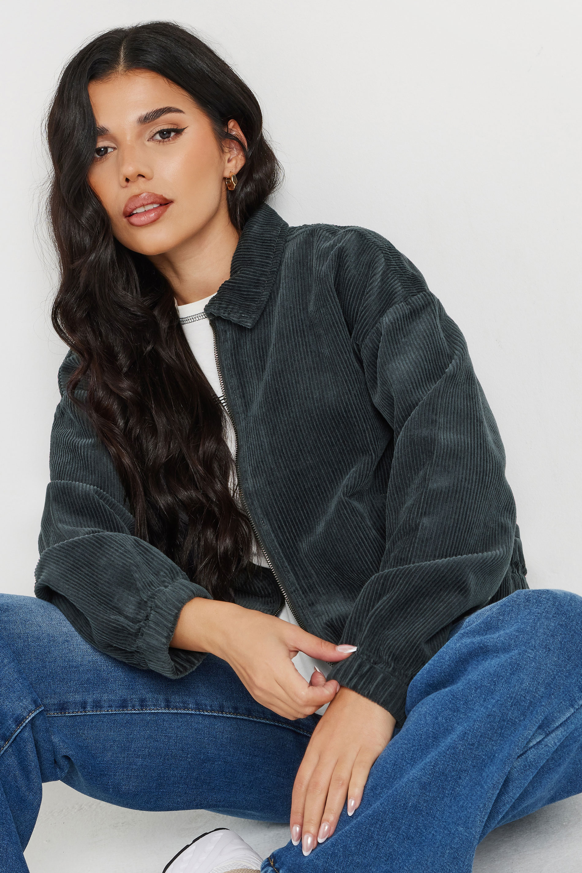 PixieGirl Petite Women's Charcoal Grey Cotton Cord Bomber Jacket | PixieGirl 1