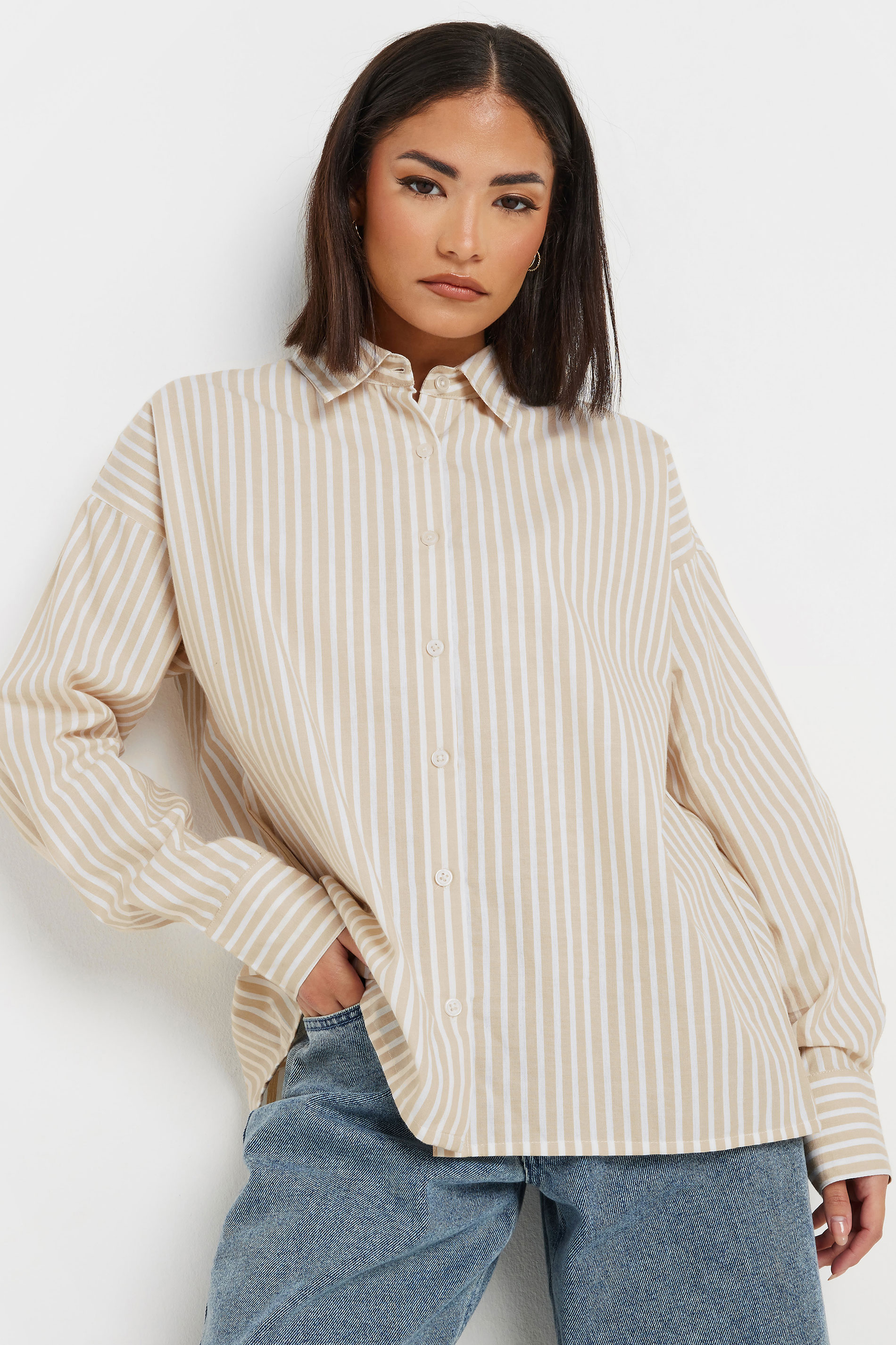 PixieGirl Petite Women's Stone Brown Stripe Tie Back Cotton Shirt | PixieGirl 1