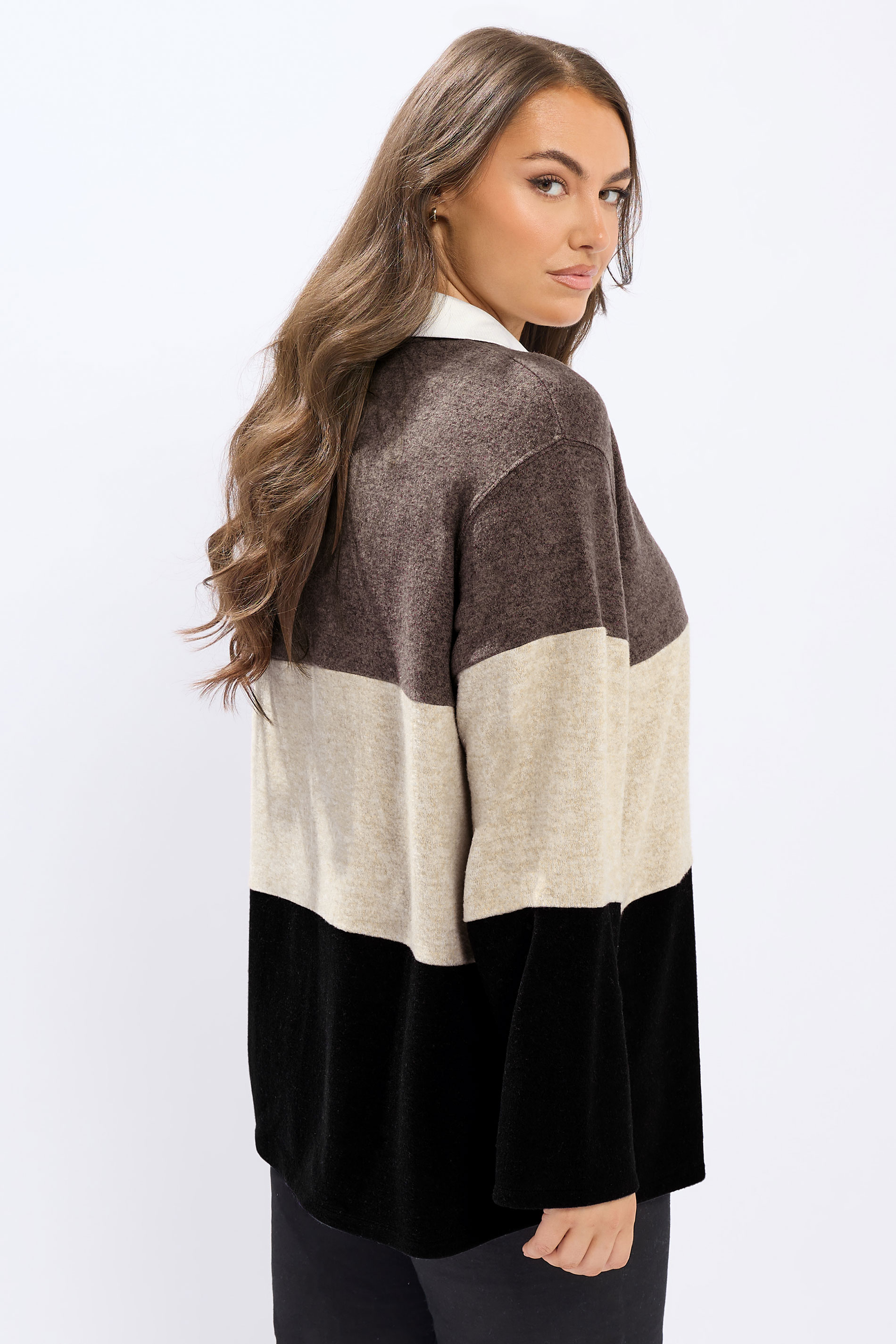 YOURS Plus Size Natural Brown Colourblock Rugby Collar Top | Yours Clothing 2