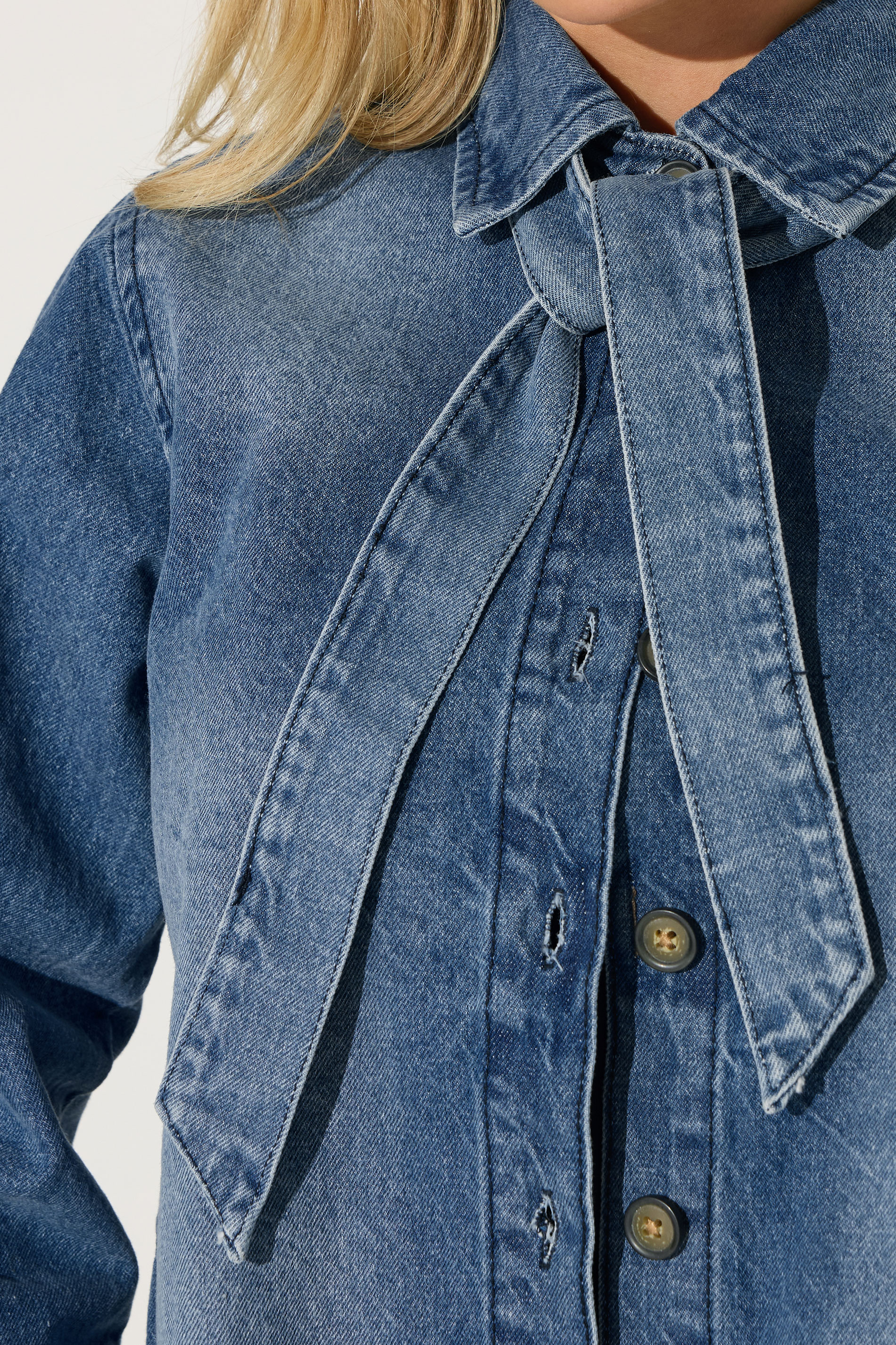 PixieGirl Petite Women's Blue Denim Tie Neck Cotton Shirt | PixieGirl 4