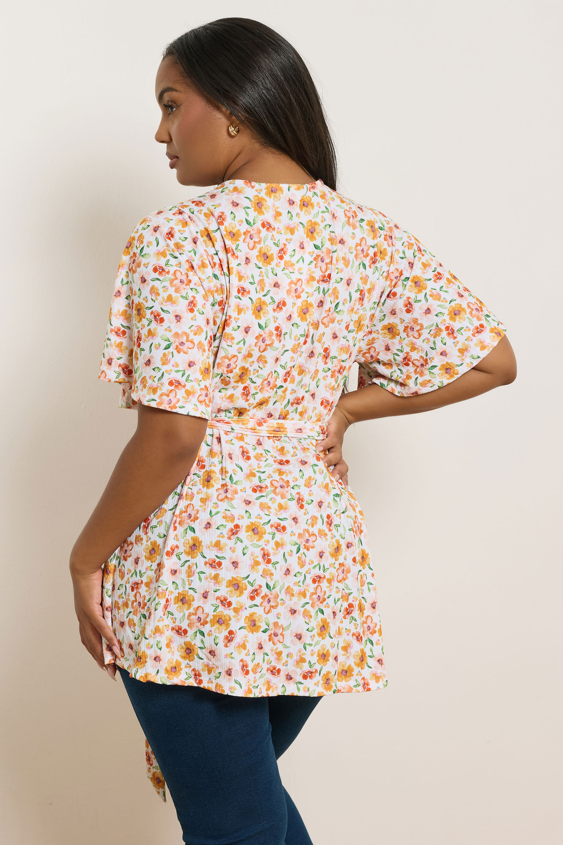 YOURS Plus Size Orange Floral Print Ribbed Wrap Top | Yours Clothing 2