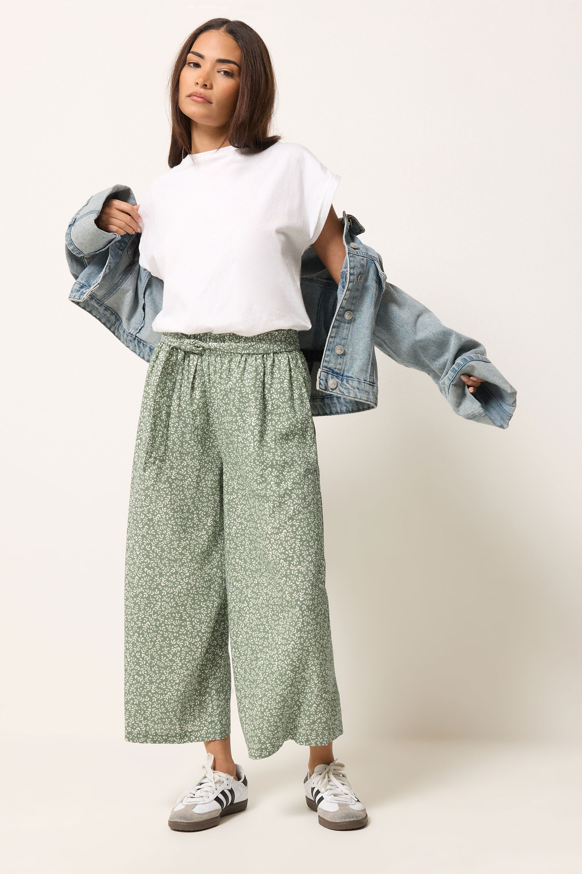 PixieGirl Petite Women's Sage Green Leaf Print Cropped Trousers | PixieGirl 3