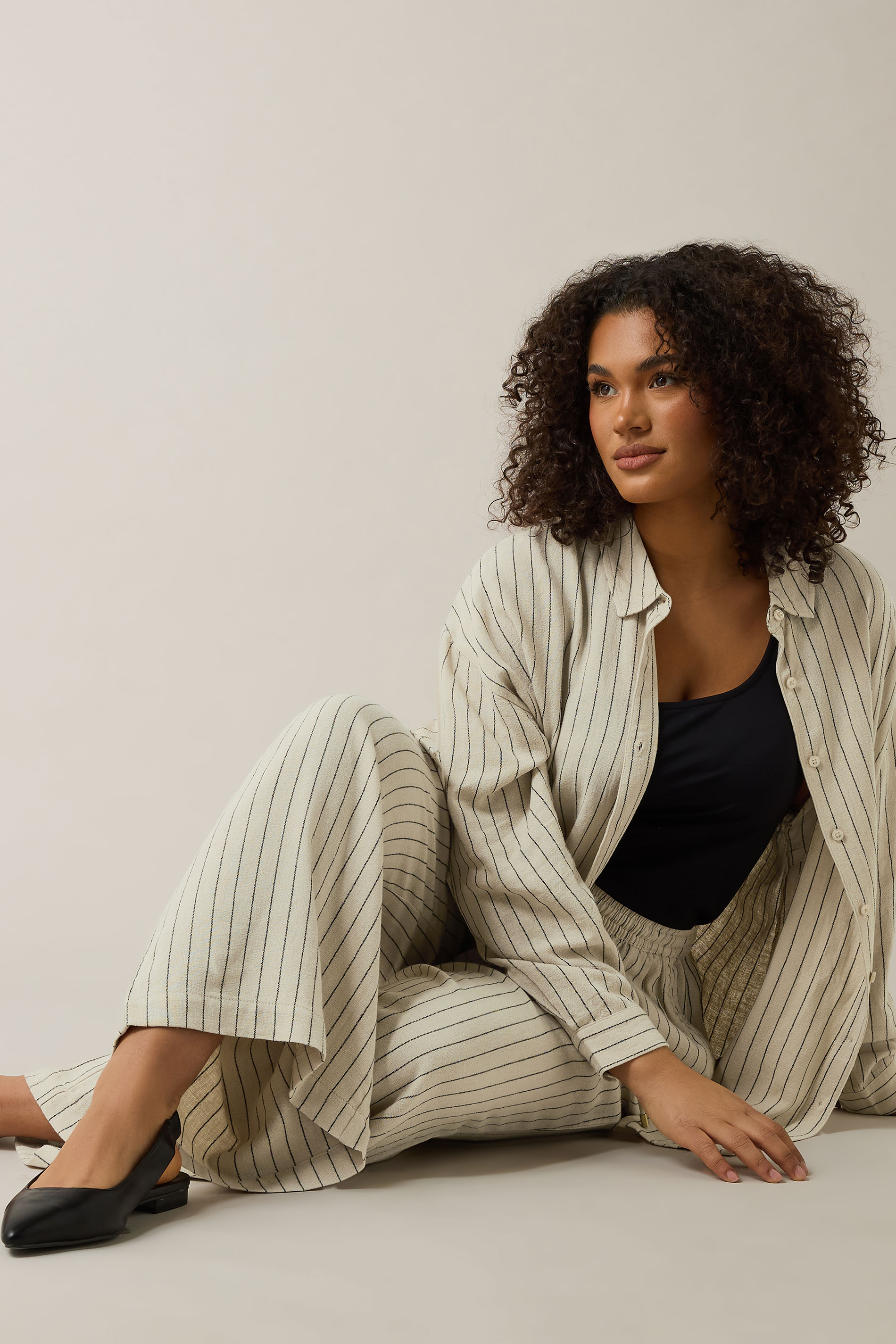 EVANS Plus Size Natural Brown Stripe Print Premium Linen Trousers | Evans 5