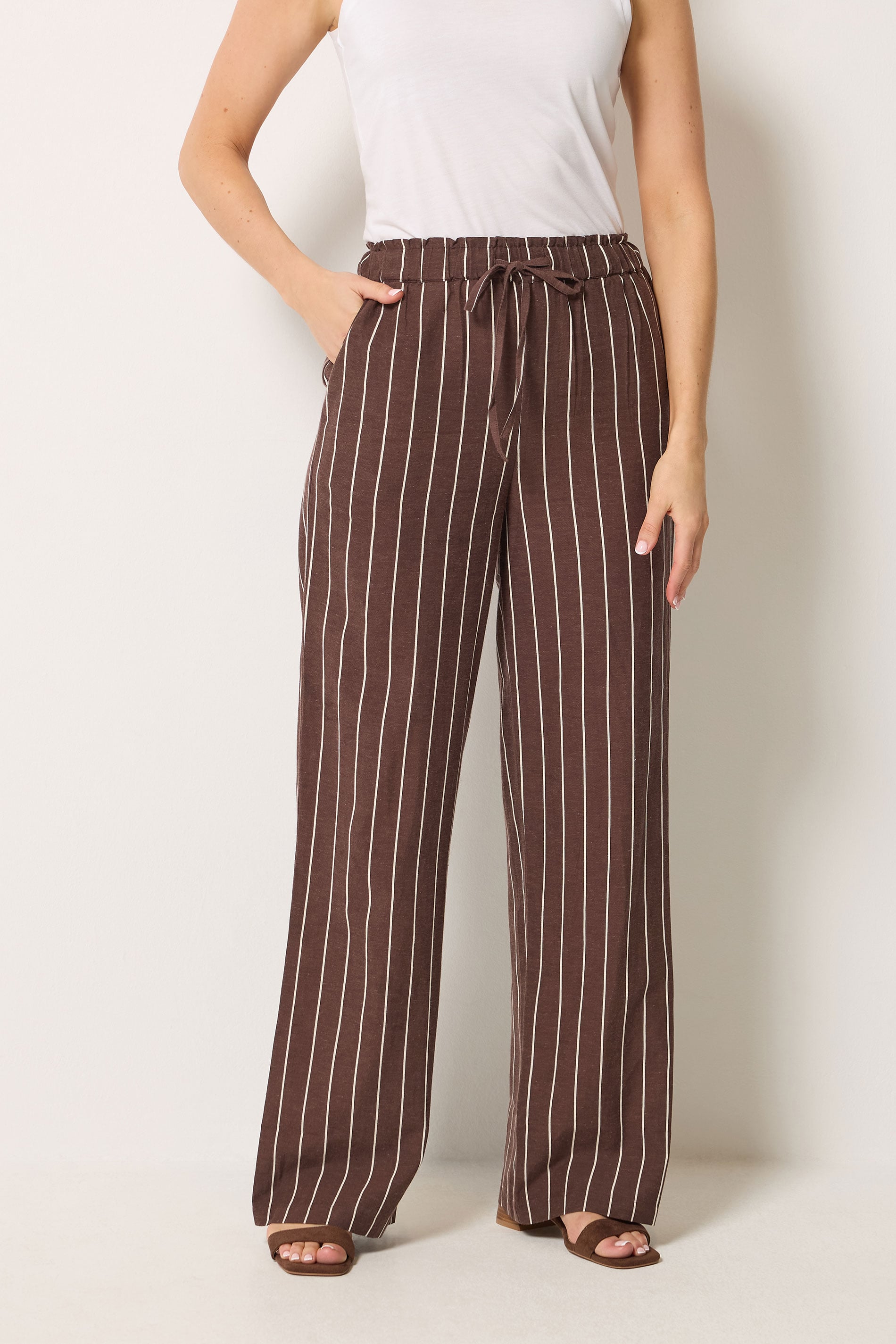 LTS Tall Women's Chocolate Brown Stripe Linen Wide Leg Trousers | Long Tall Sally 1