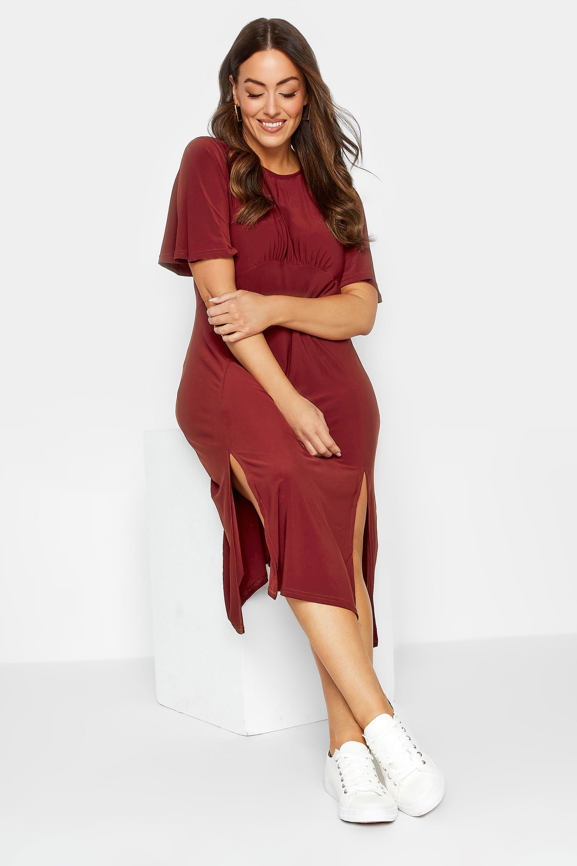 M&Co Burgundy Red Angel Sleeve Split Hem Midi Dress | M&Co 2