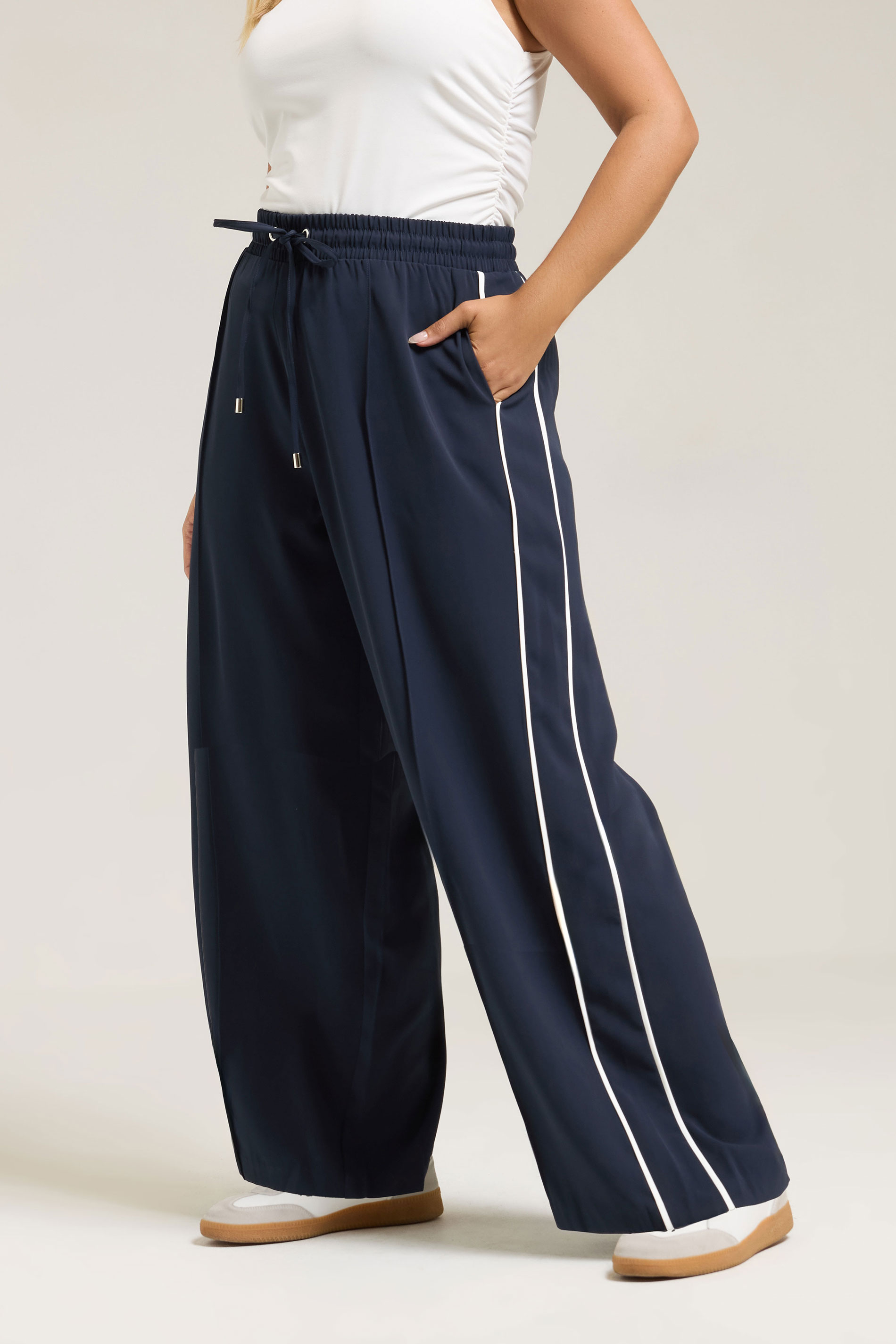 YOURS Plus Size Navy Blue Side Stripe Wide Leg Trousers | Yours Clothing 1