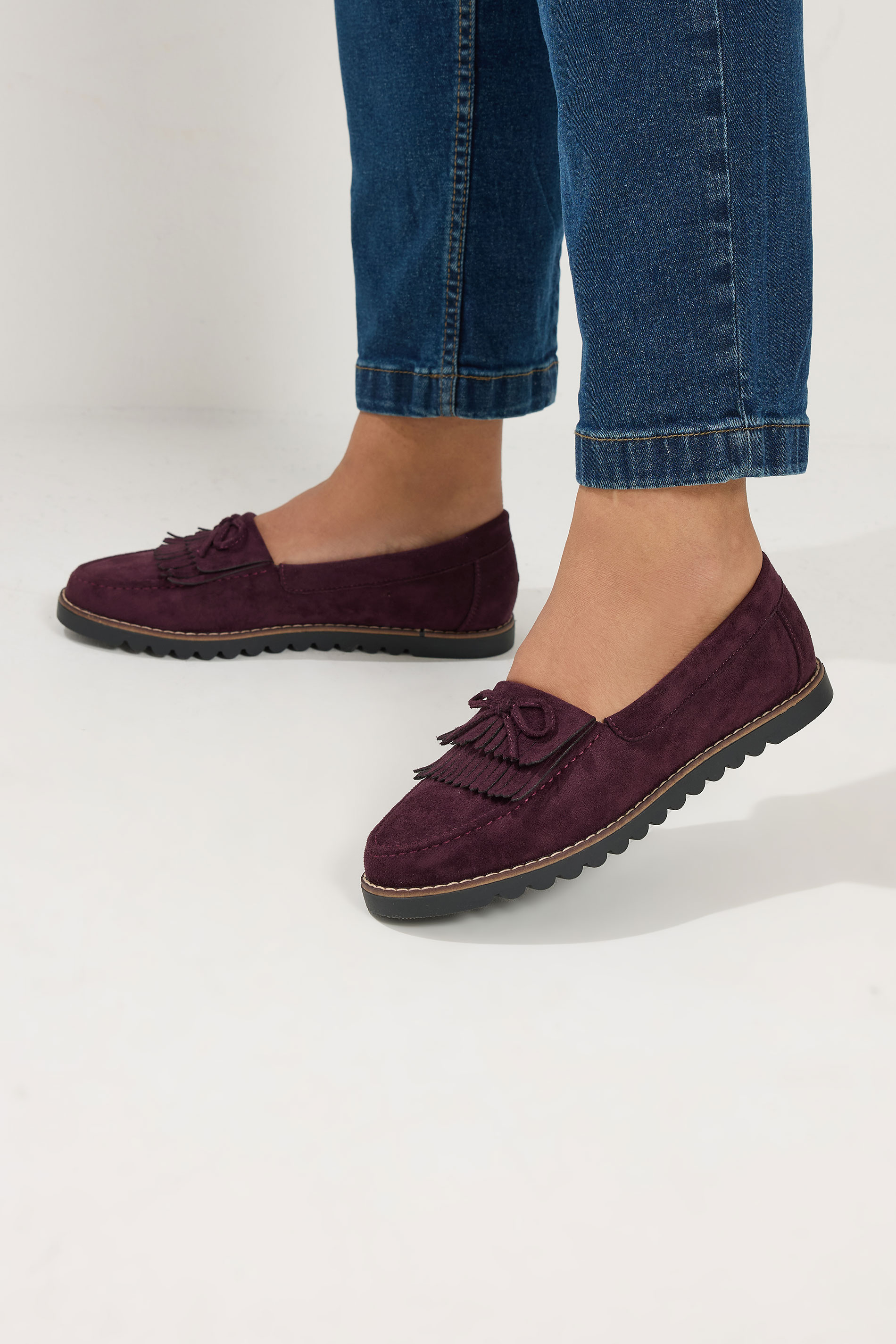 Burgundy Red Faux Suede Fringe Loafers In Wide E Fit | Yours Clothing 1
