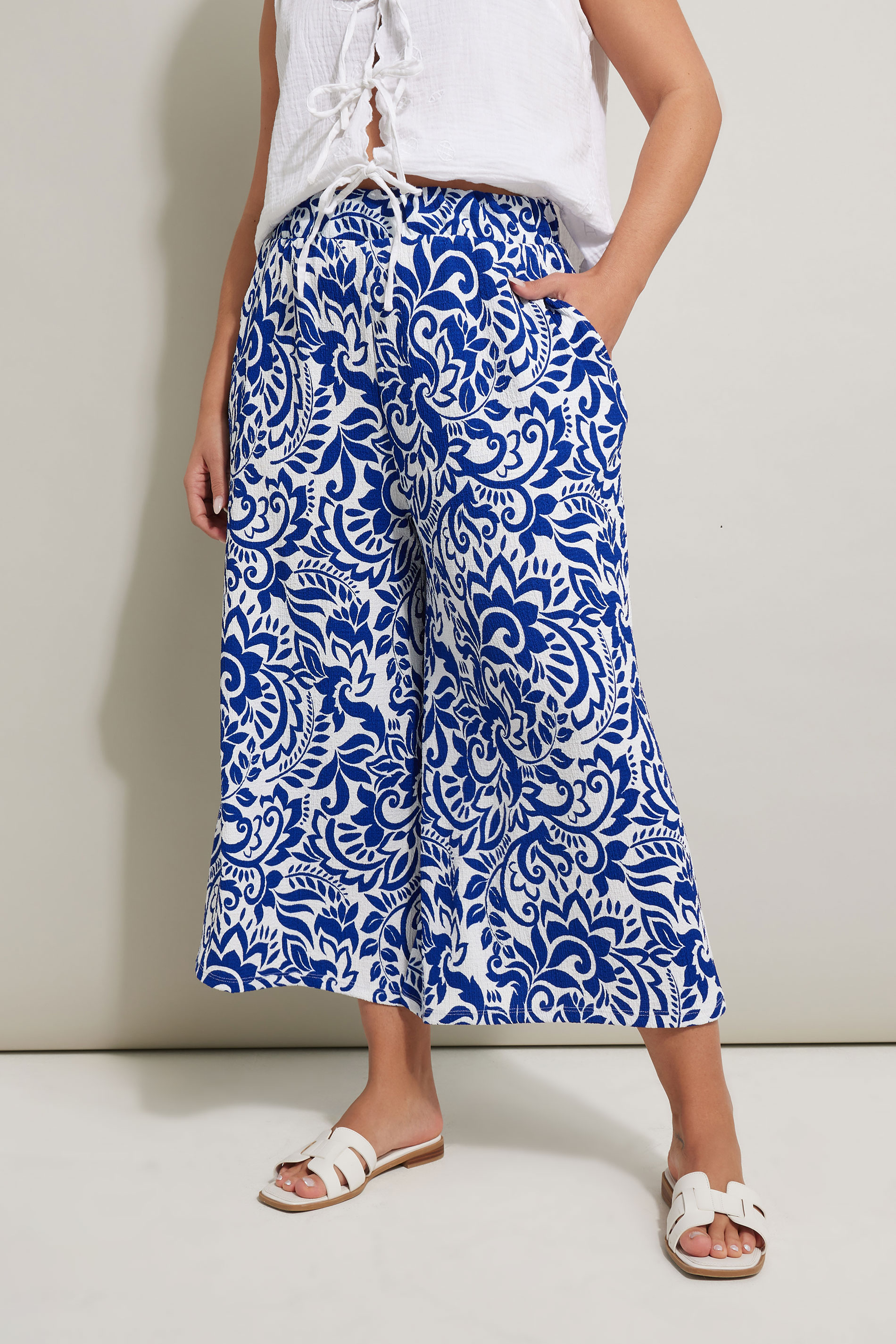 YOURS Plus Size Blue Abstract Floral Textured Midaxi Culottes | Yours Clothing 3