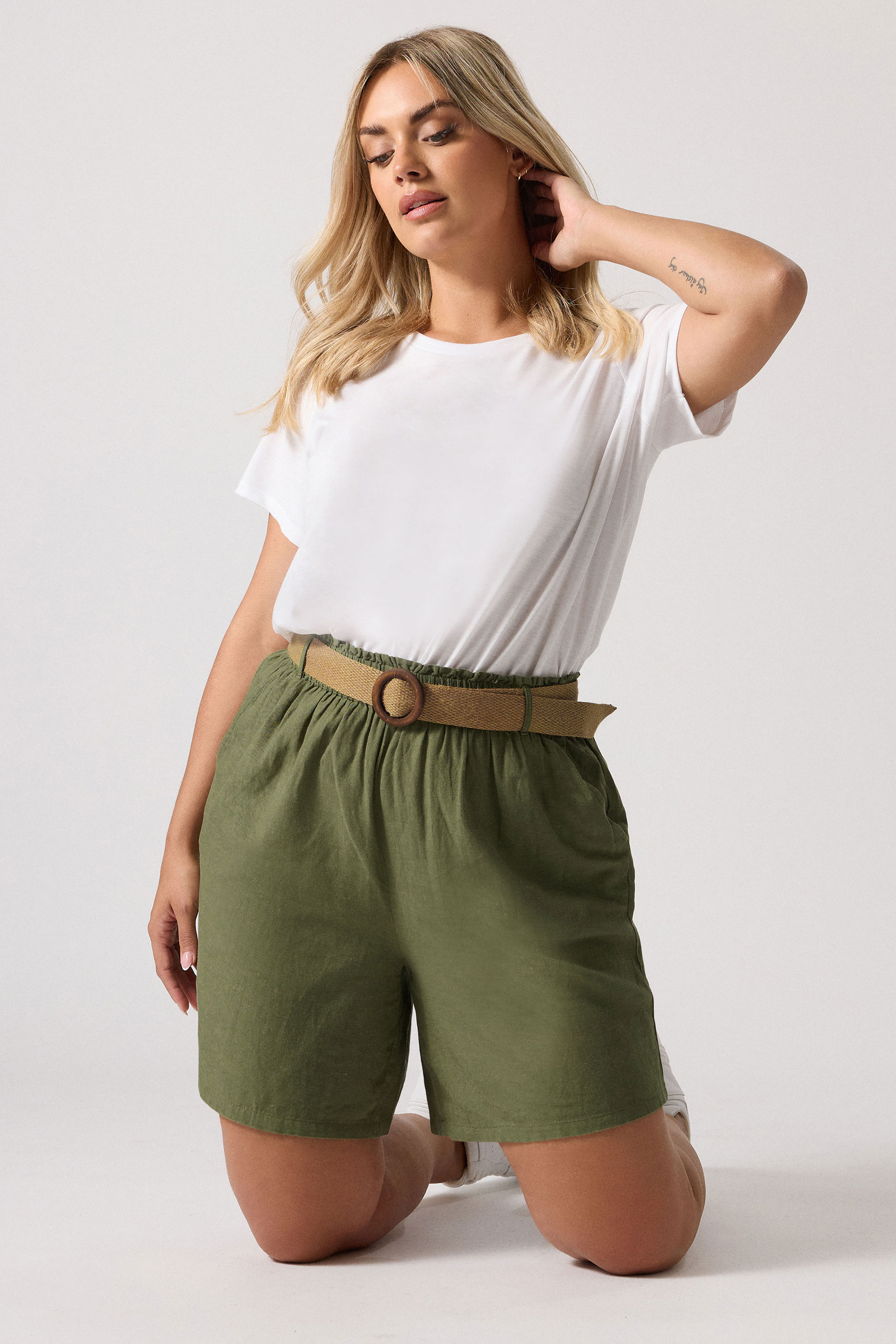 YOURS Plus Size Khaki Green Belted Linen Shorts | Yours Clothing 3