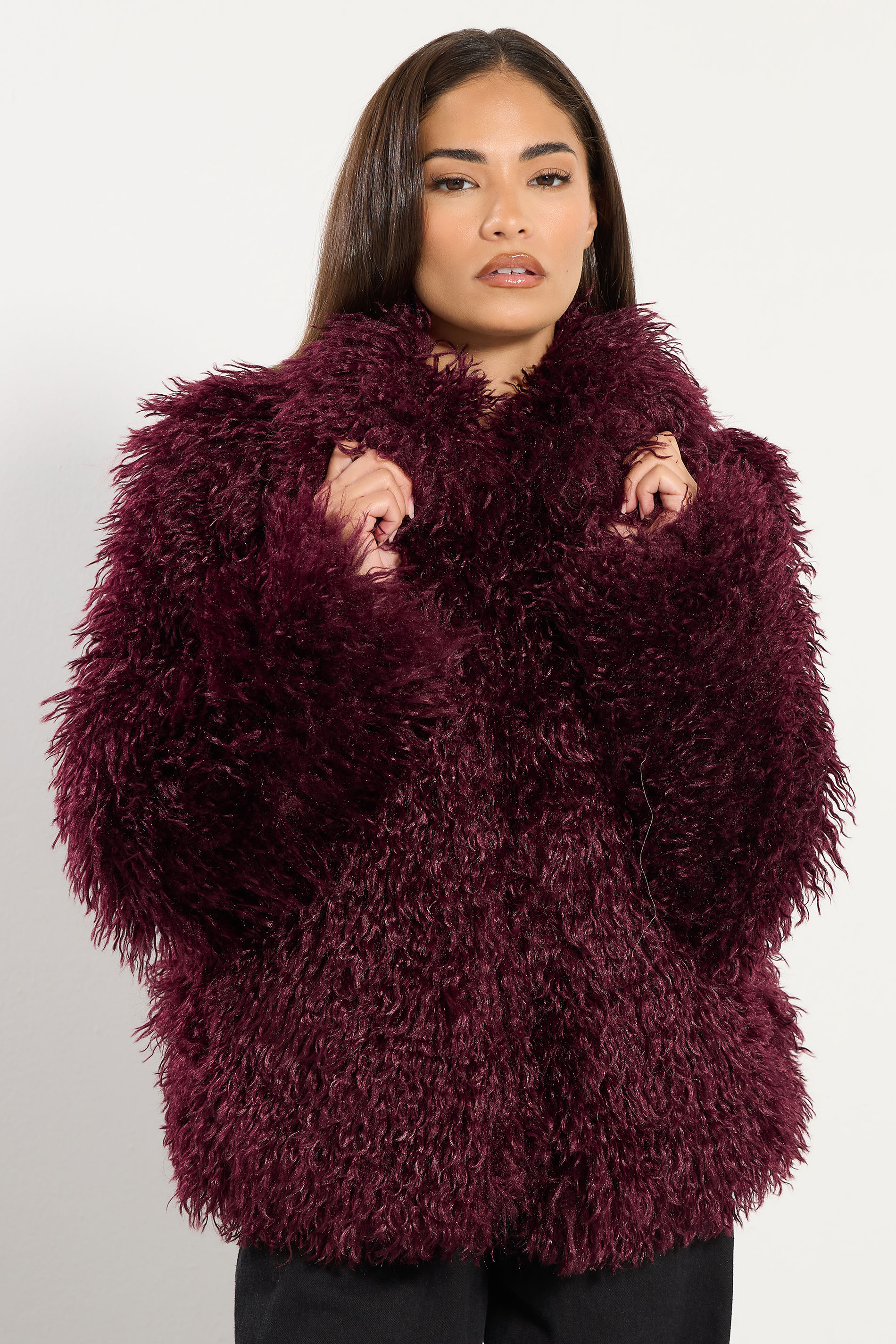 PixieGirl Petite Women's Burgundy Red Mongolian Faux Fur Jacket | PixieGirl 3