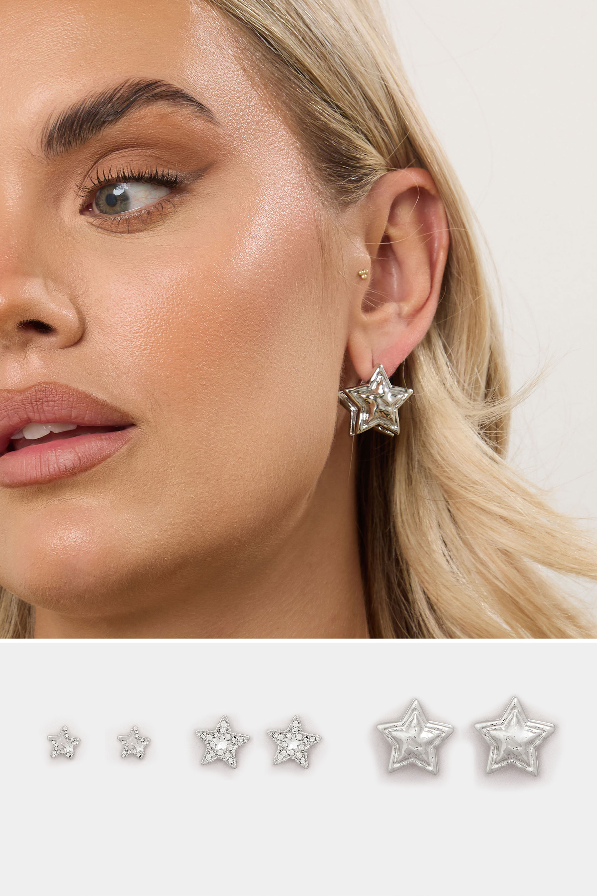 YOURSET 3 PACK Silver Tone Stud Stud Earrings | Yours Clothing  1