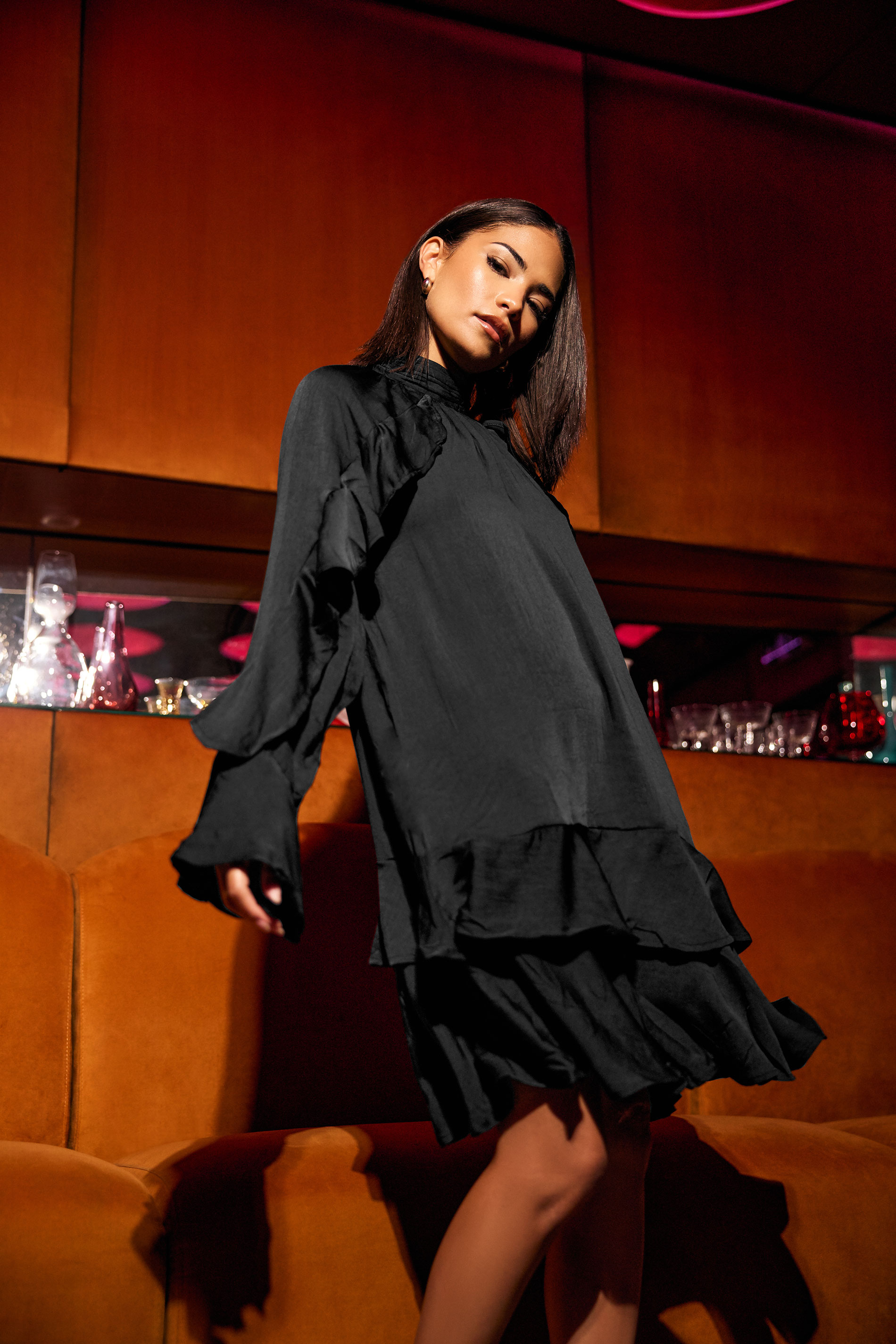 PixieGirl Petite Women's Black Hammered Satin Frill Smock Dress | PixieGirl 3