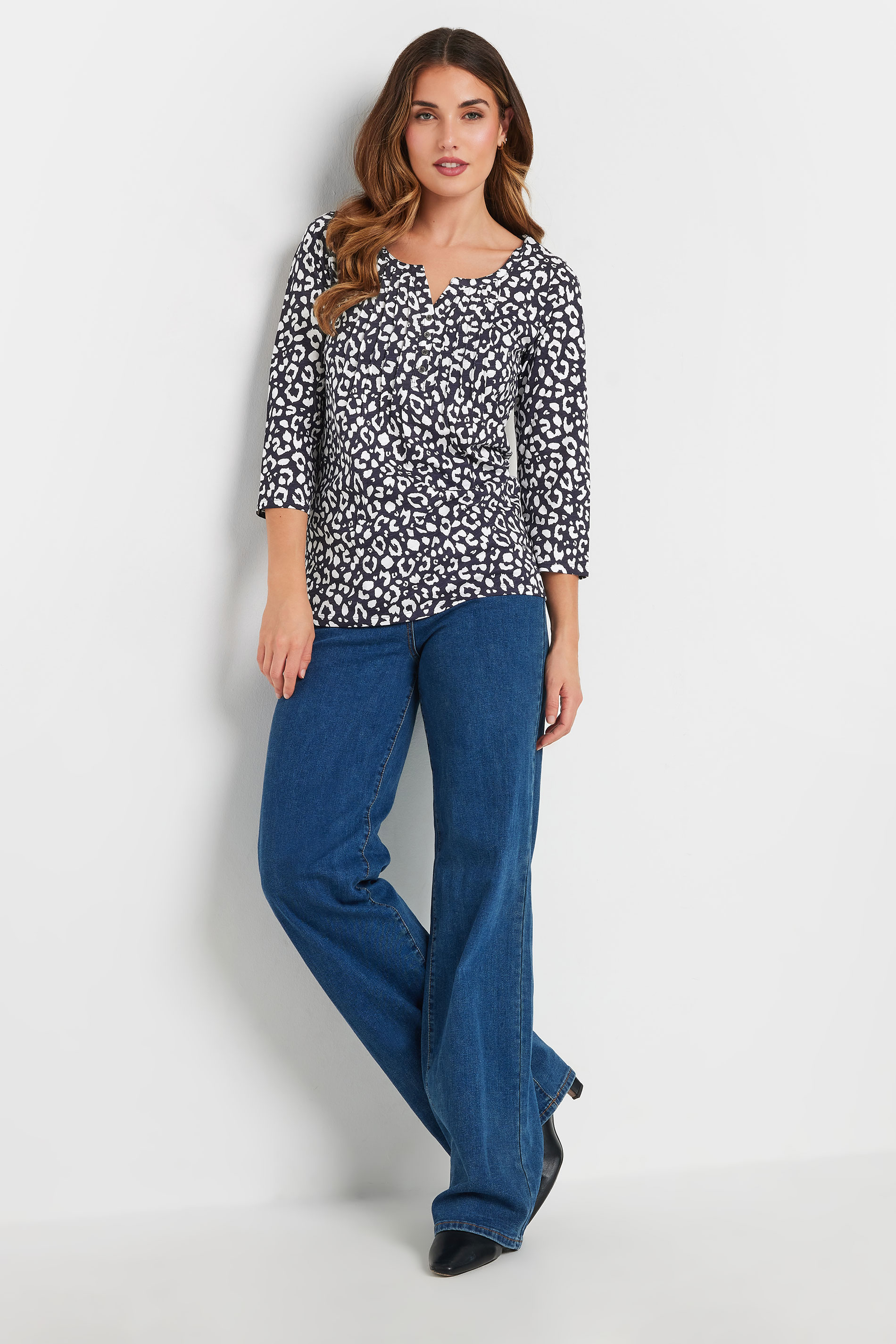 LTS Tall Navy Blue Leopard Print Cotton Henley Top | Long Tall Sally 1