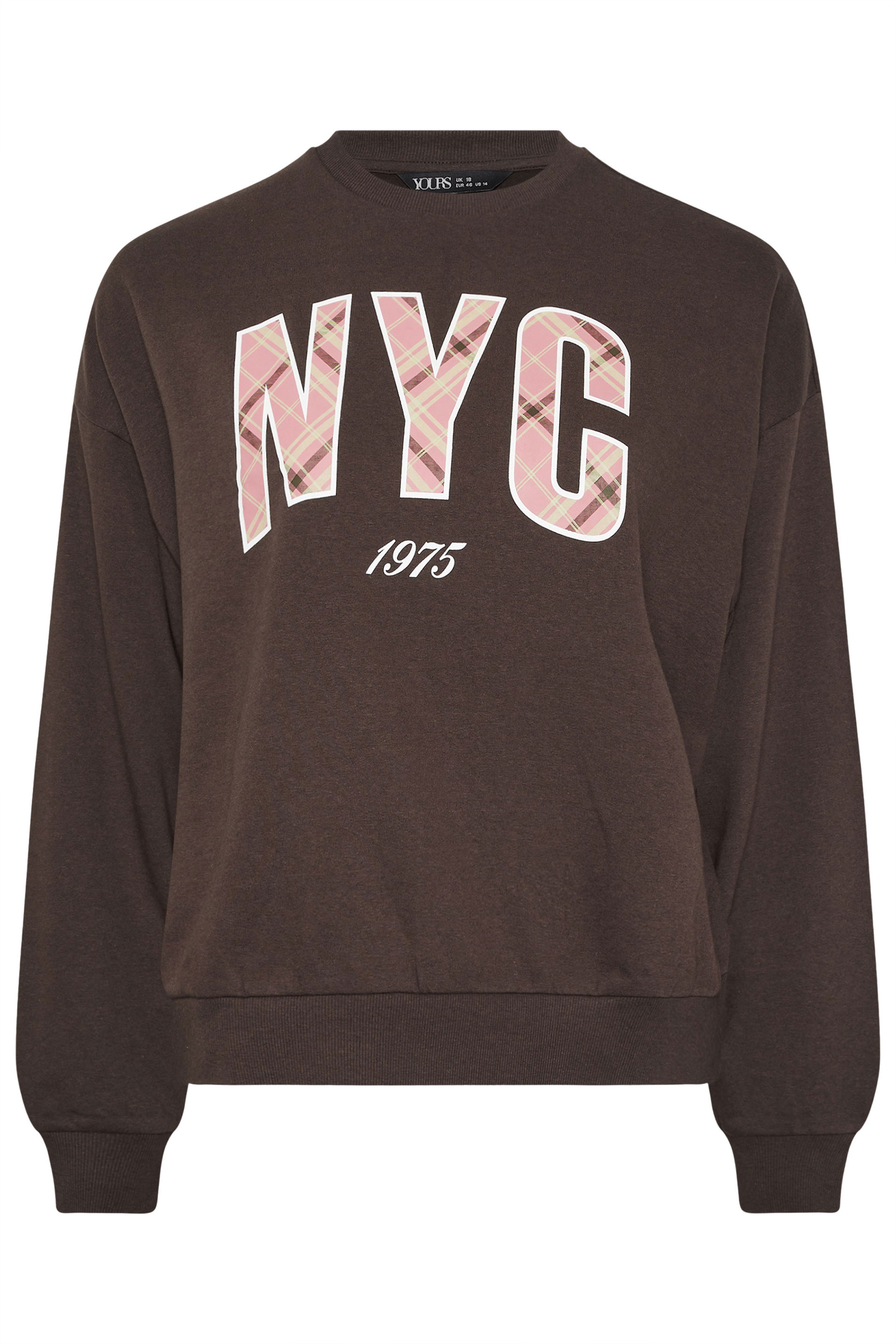 YOURS Plus Size Chocolate Brown 'NYC' Check Sweatshirt | Yours Clothing 5