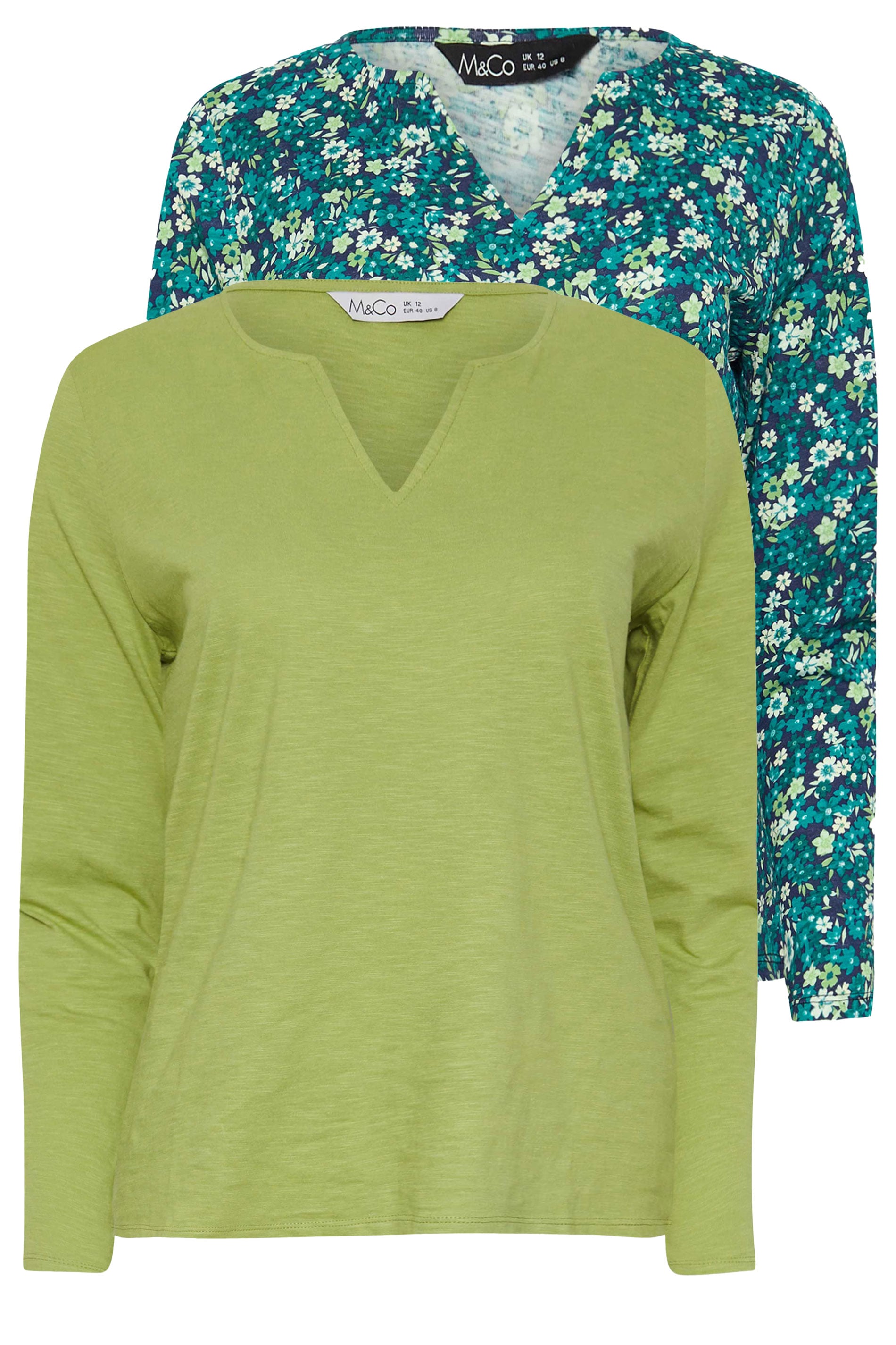 M&Co 2 Pack Light Green & Floral Print Cotton Notch Neck T-Shirts | M&Co 7