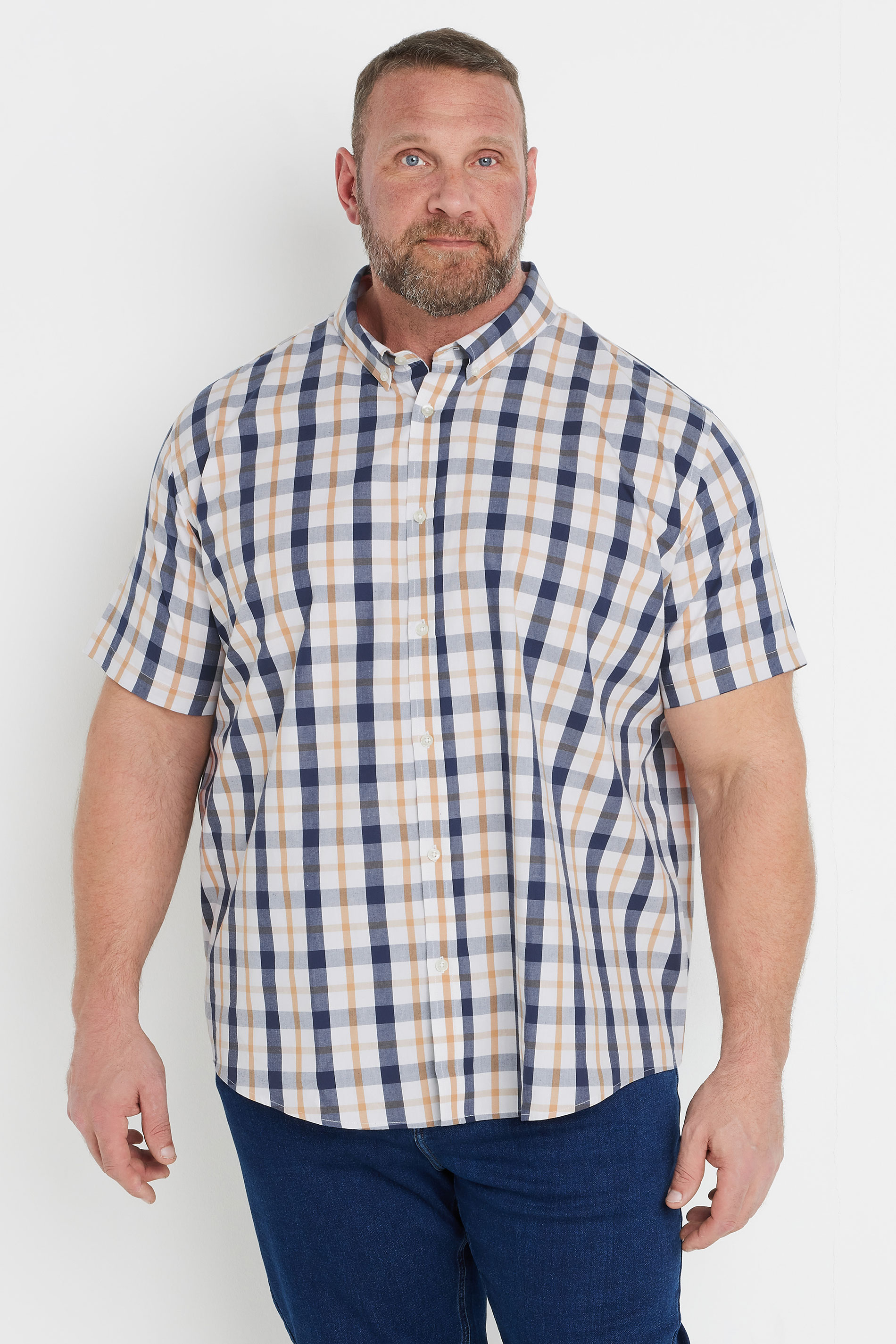 BadRhino Big & Tall Navy Blue & Tan Brown Short Sleeve Check Shirt | BadRhino 3