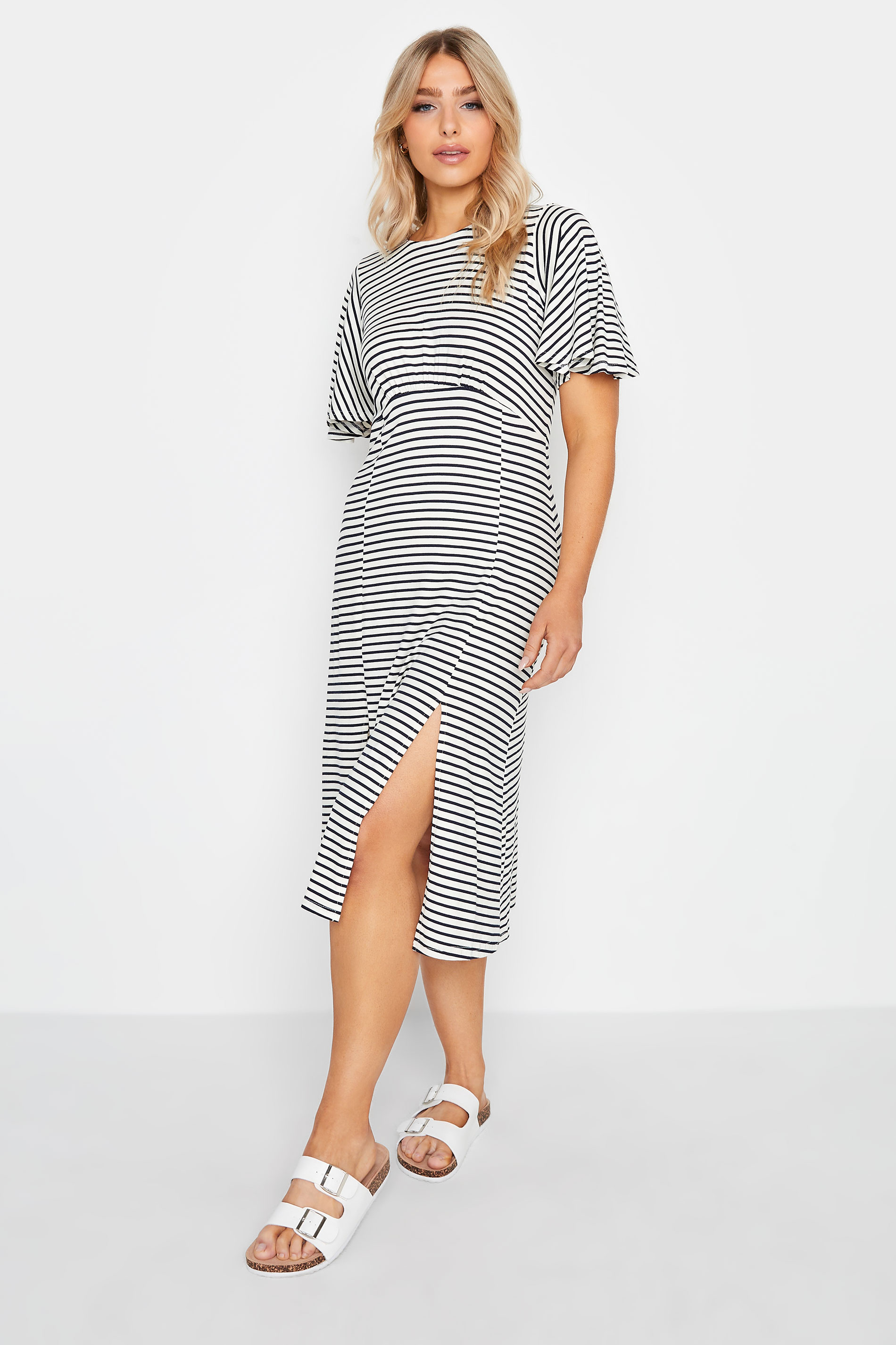 M&Co White Stripe Print Angel Sleeve Split Hem Midi Dress | M&Co 2