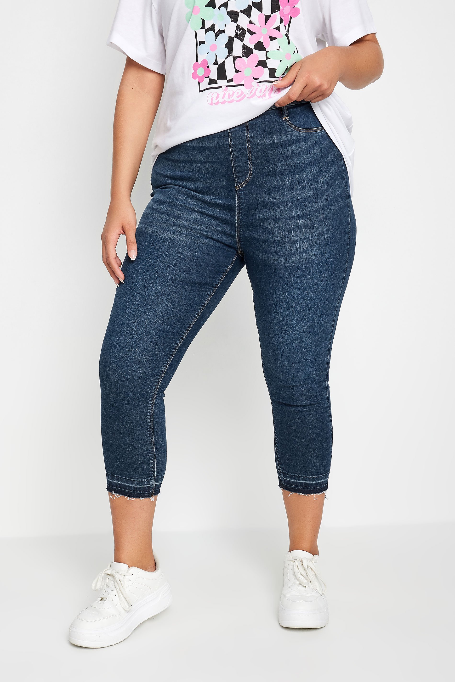 YOURS FOR GOOD Plus Size Dark Blue Cropped Turn Up GRACE Jeggings | Yours Clothing 1