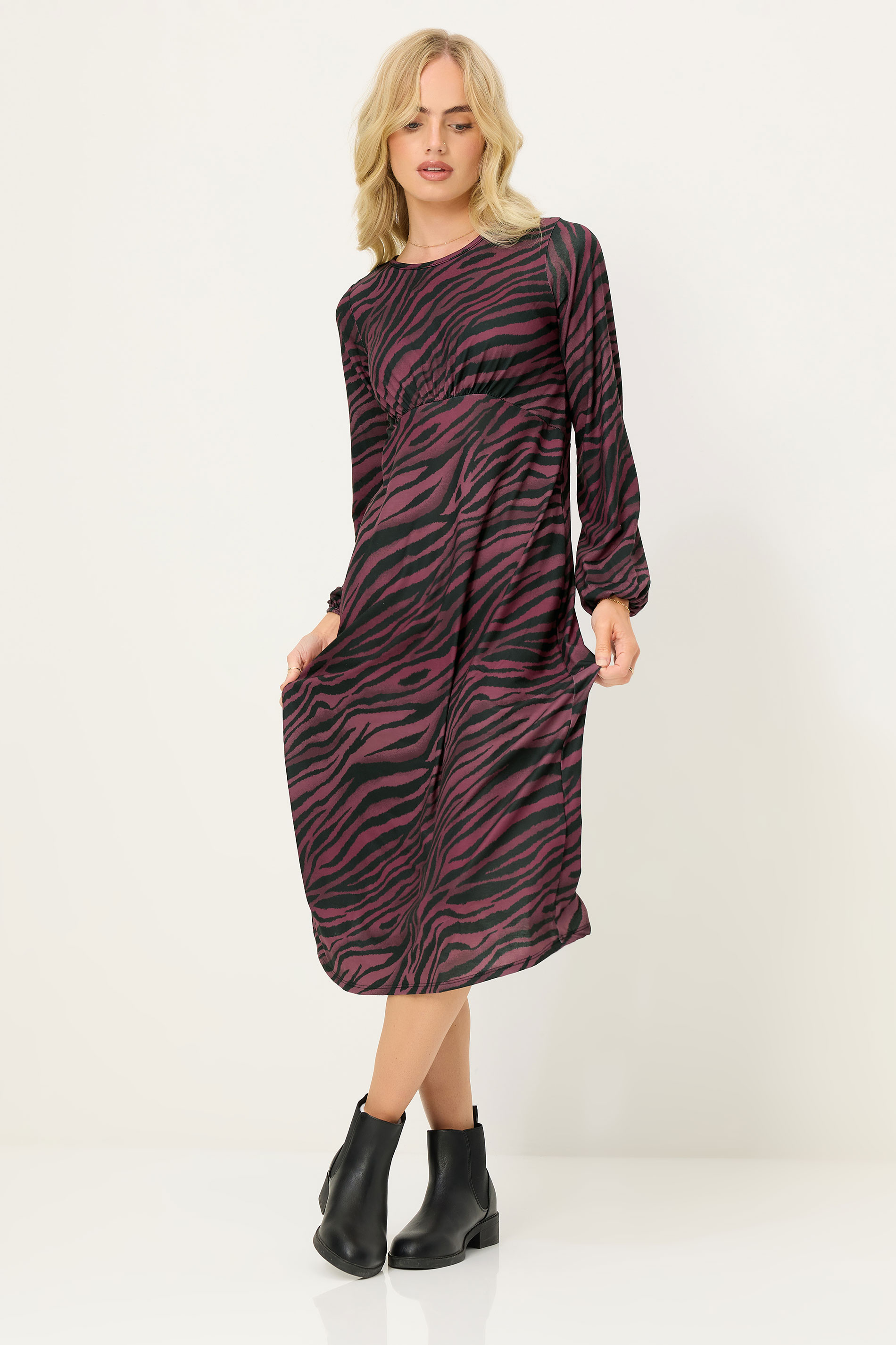 PixieGirl Petite Women's Burgundy Red Zebra Print Long Sleeve Midi Dress | PixieGirl 3