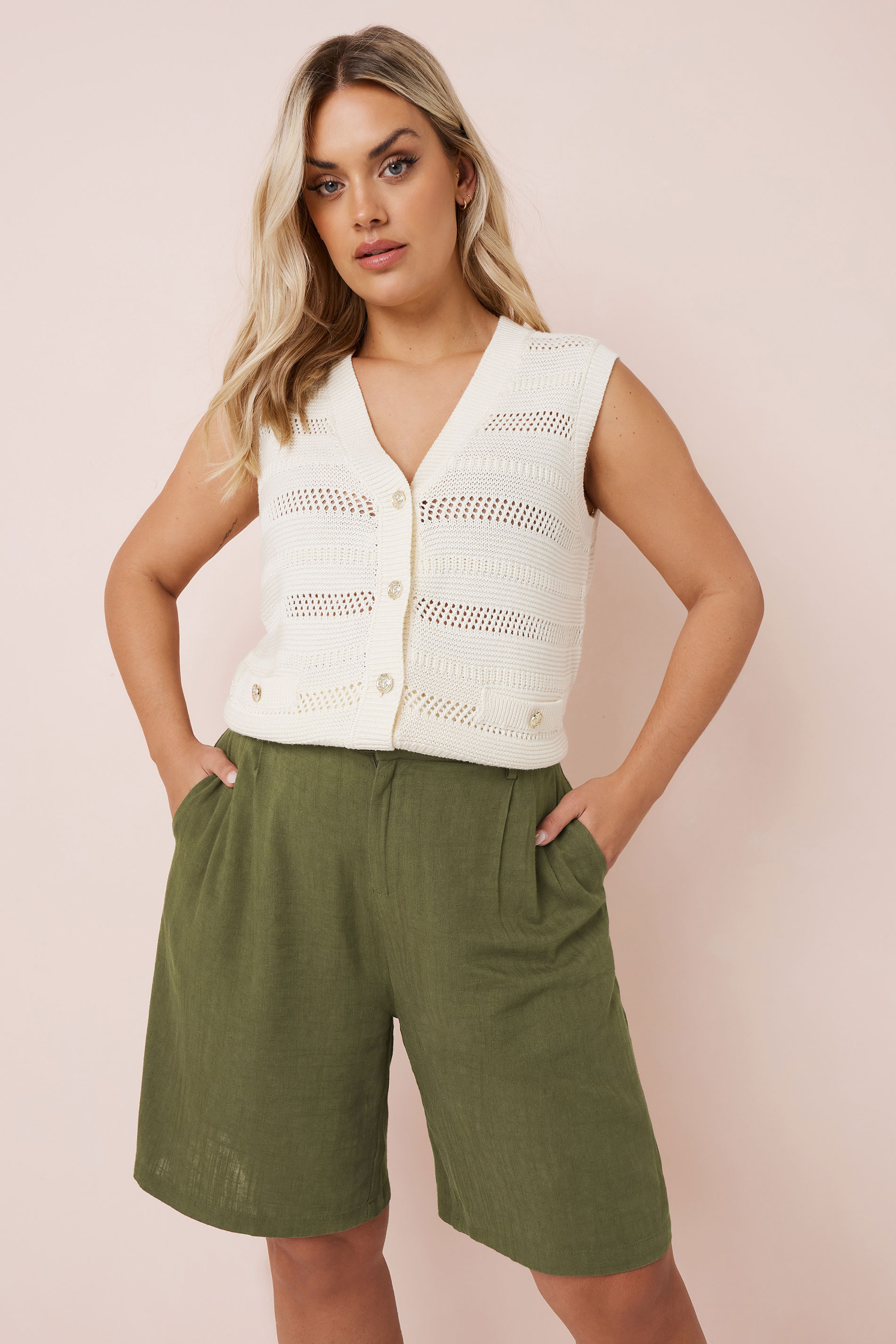 YOURS Plus Size Khaki Green Linen Bermuda Shorts | Yours Clothing 2