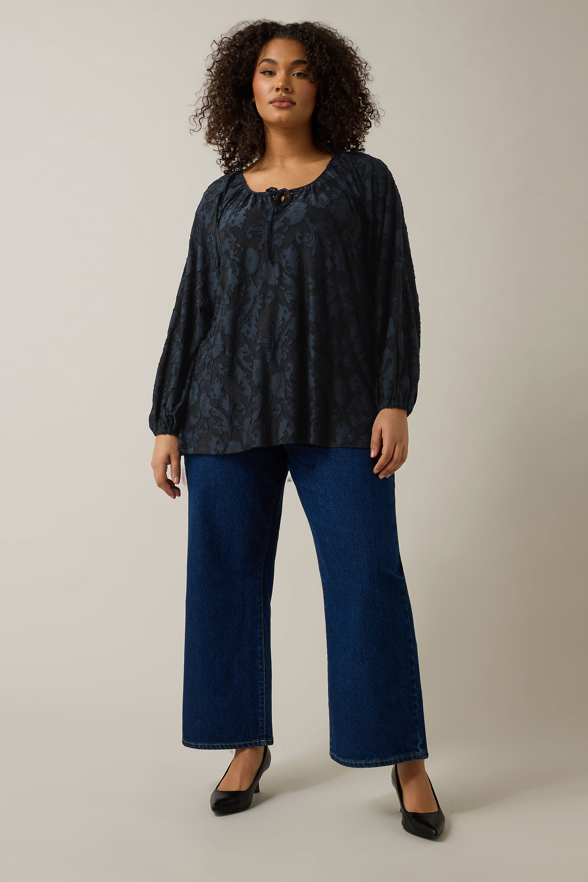 EVANS Plus Size Navy Blue Floral Burnout Blouse | Evans 1