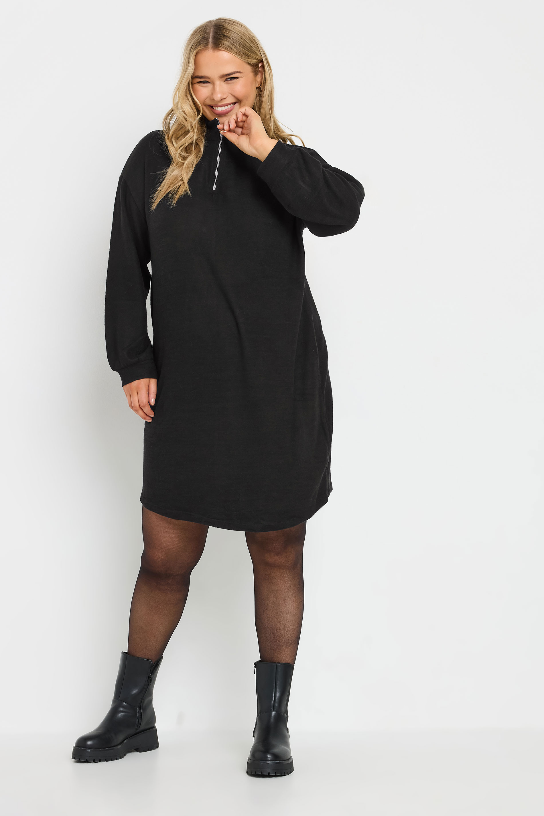 YOURS Plus Size Black Ribbed Quarter Zip Jumper Dress | Yours Clothing 1