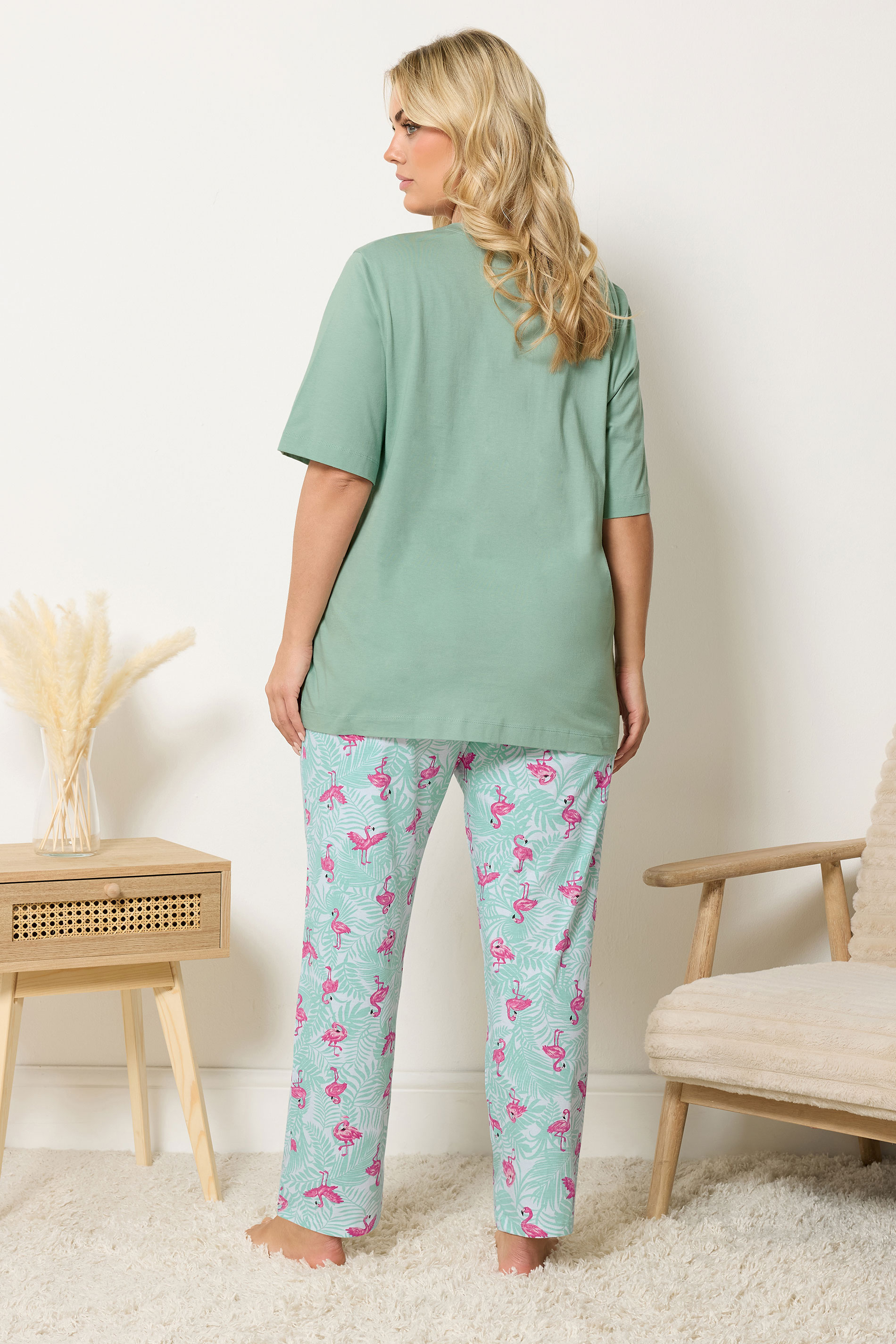 YOURS Plus Size Green Flamingo Pyjama Set | Yours Clothing 2