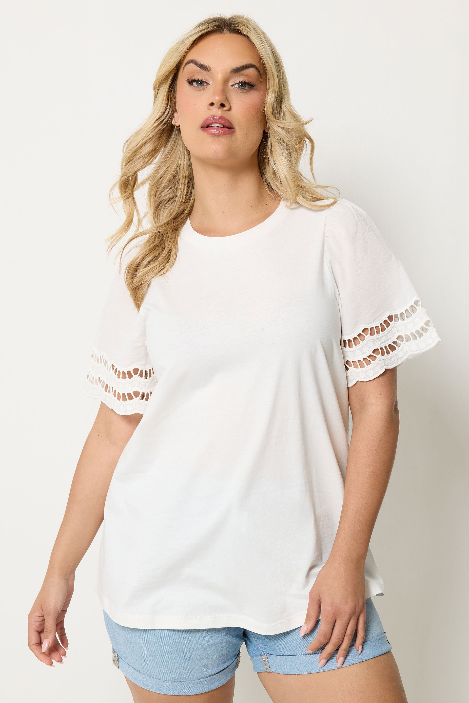 YOURS Plus Size White Broderie Anglaise Angel Sleeve T-Shirt | Yours Clothing 3