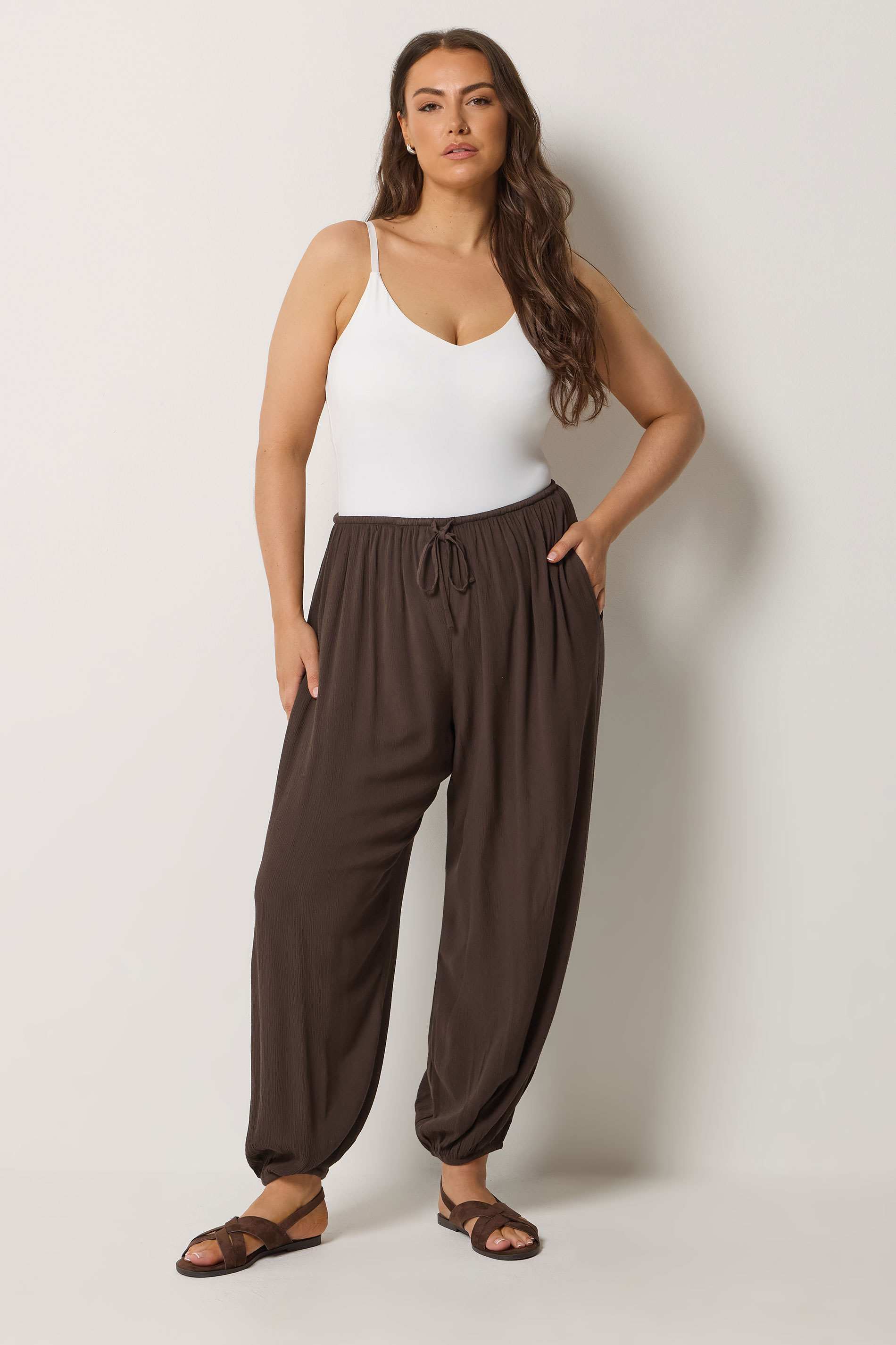 YOURS Plus Size Chocolate Brown Cuffed Balloon Trousers | Yours Clothing 3