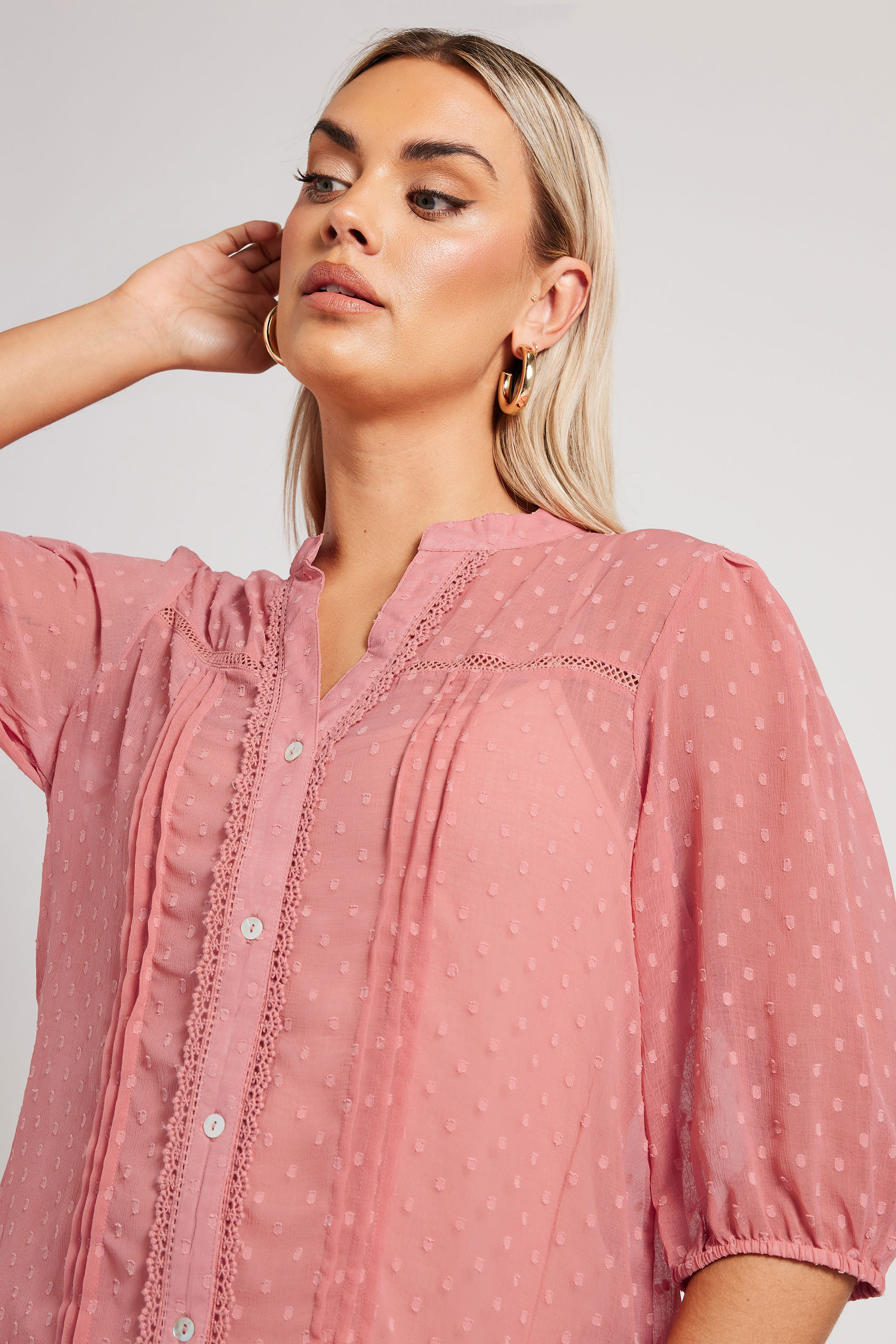 YOURS LONDON Plus Size Pink Dobby Crochet Trim Blouse | Yours Clothing 5