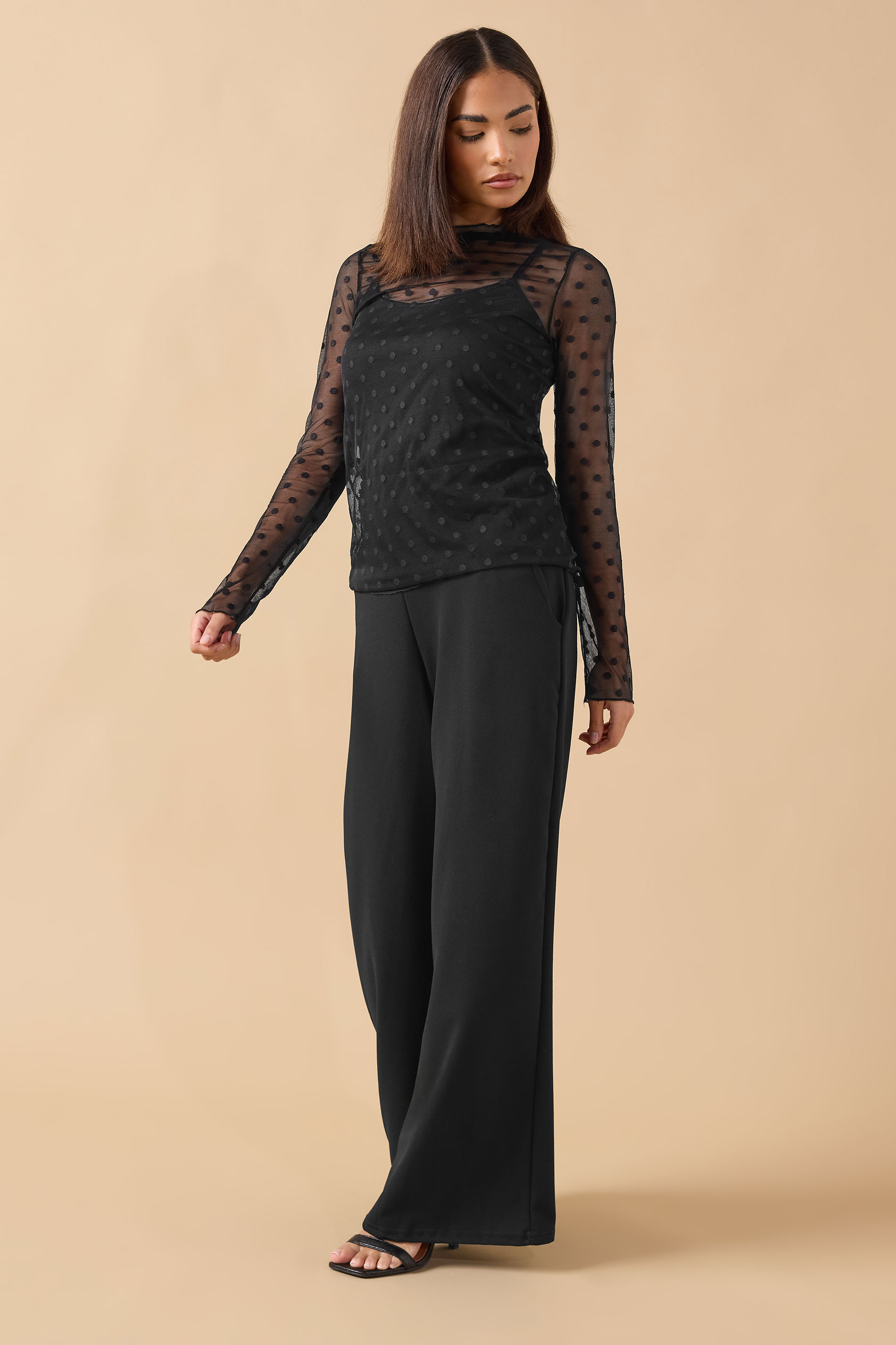 PixieGirl Petite Women's Black Polka Dot Mesh Long Sleeve Top | PixieGirl 1