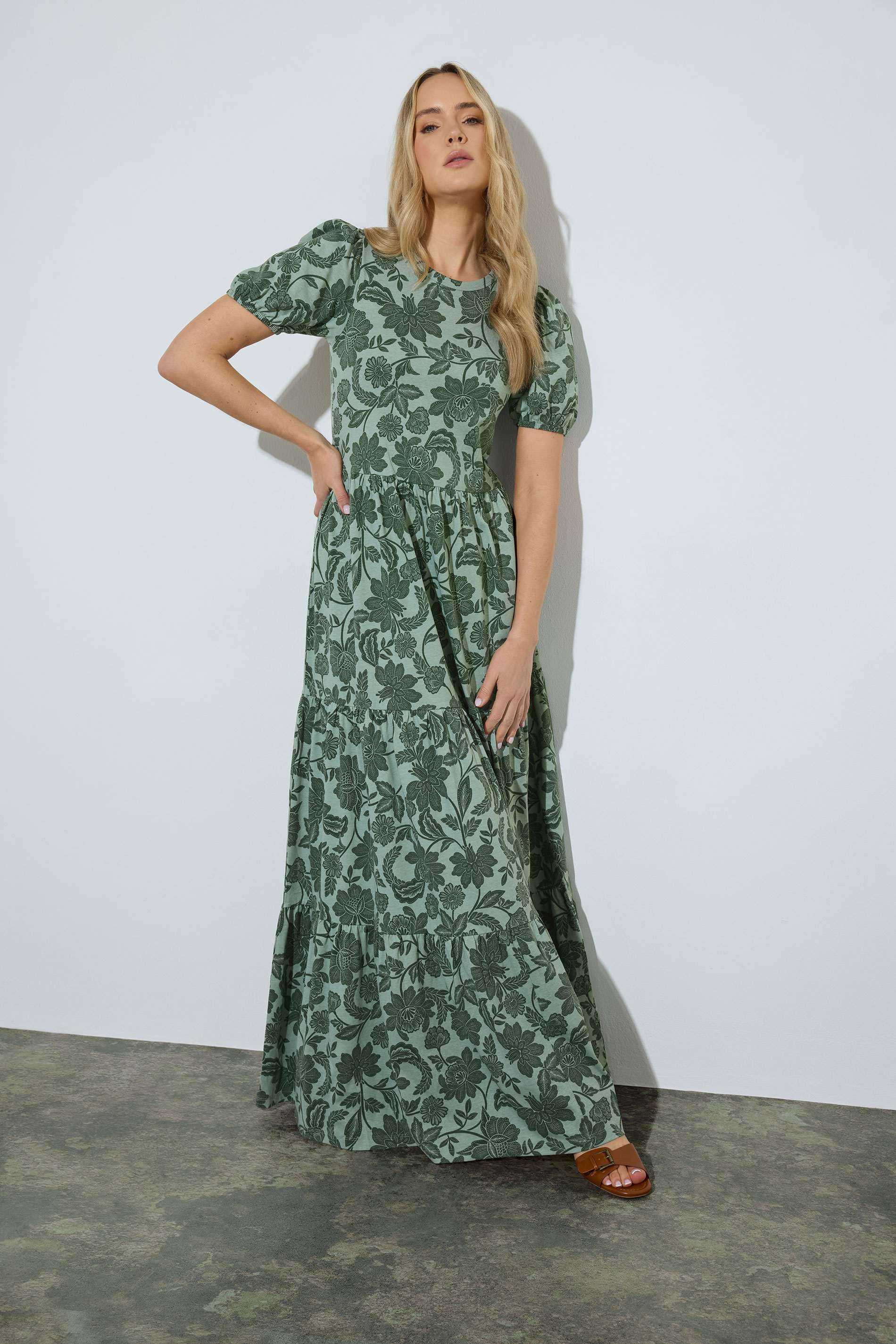 LTS Tall Women's Green Floral Tiered Cotton Maxi Dress | Long Tall Sally 3