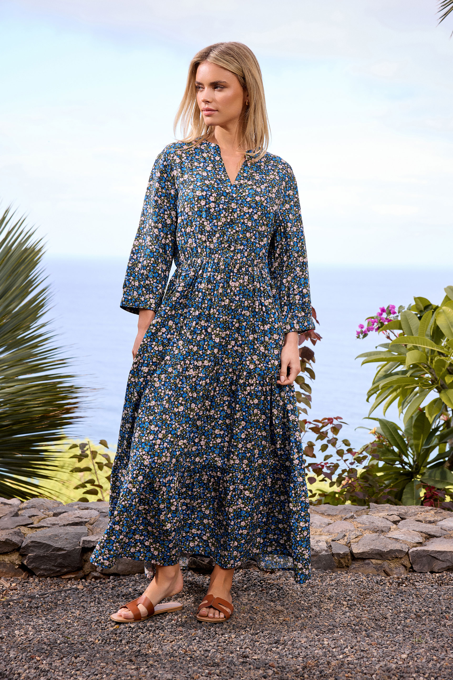 Women's Blue M&Co Petites M&Co Petite Ditsy Floral Tiered Maxi Dress Size 16