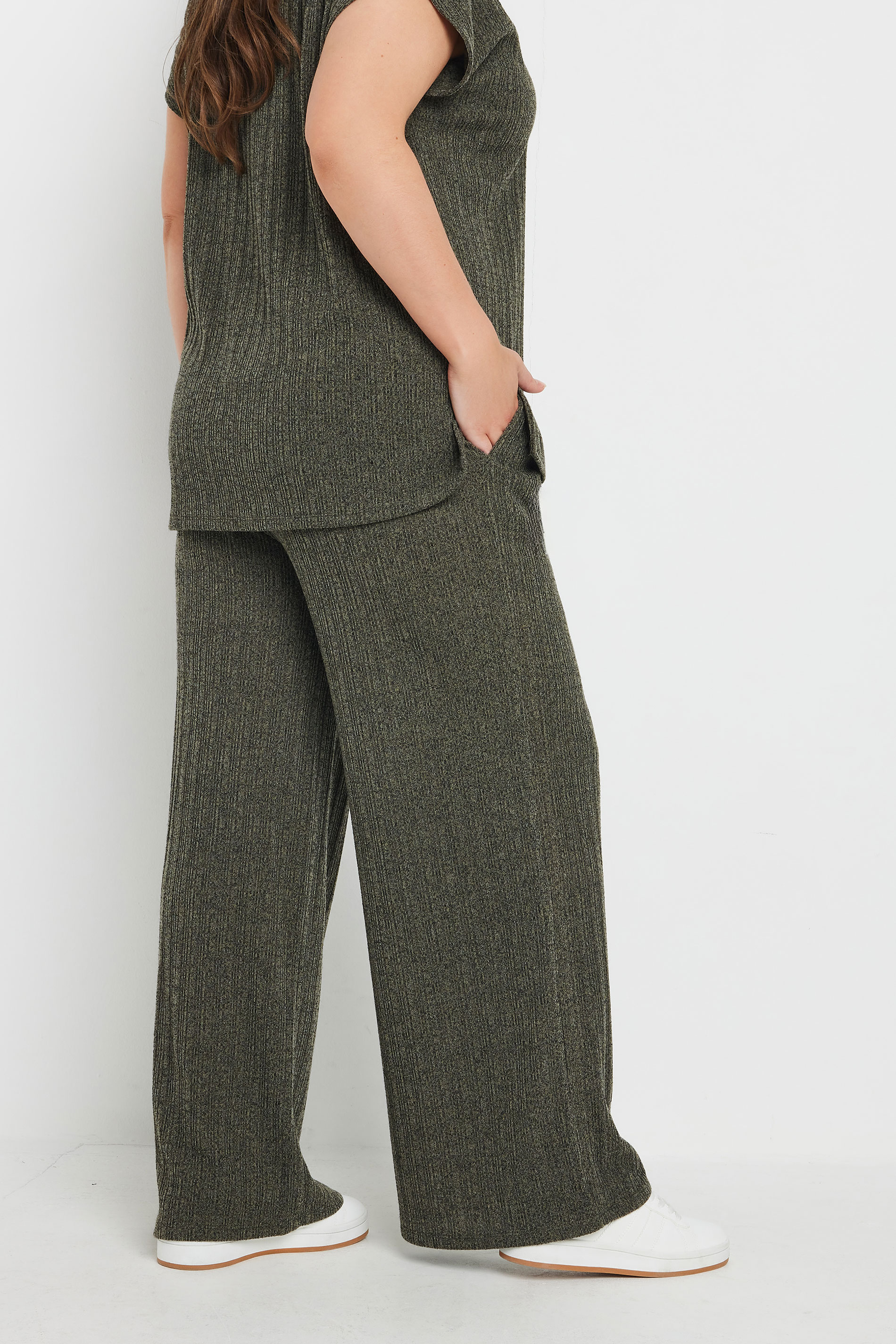 YOURS Plus Size Khaki Green Knitted Wide Leg Trousers | Yours Clothing 2