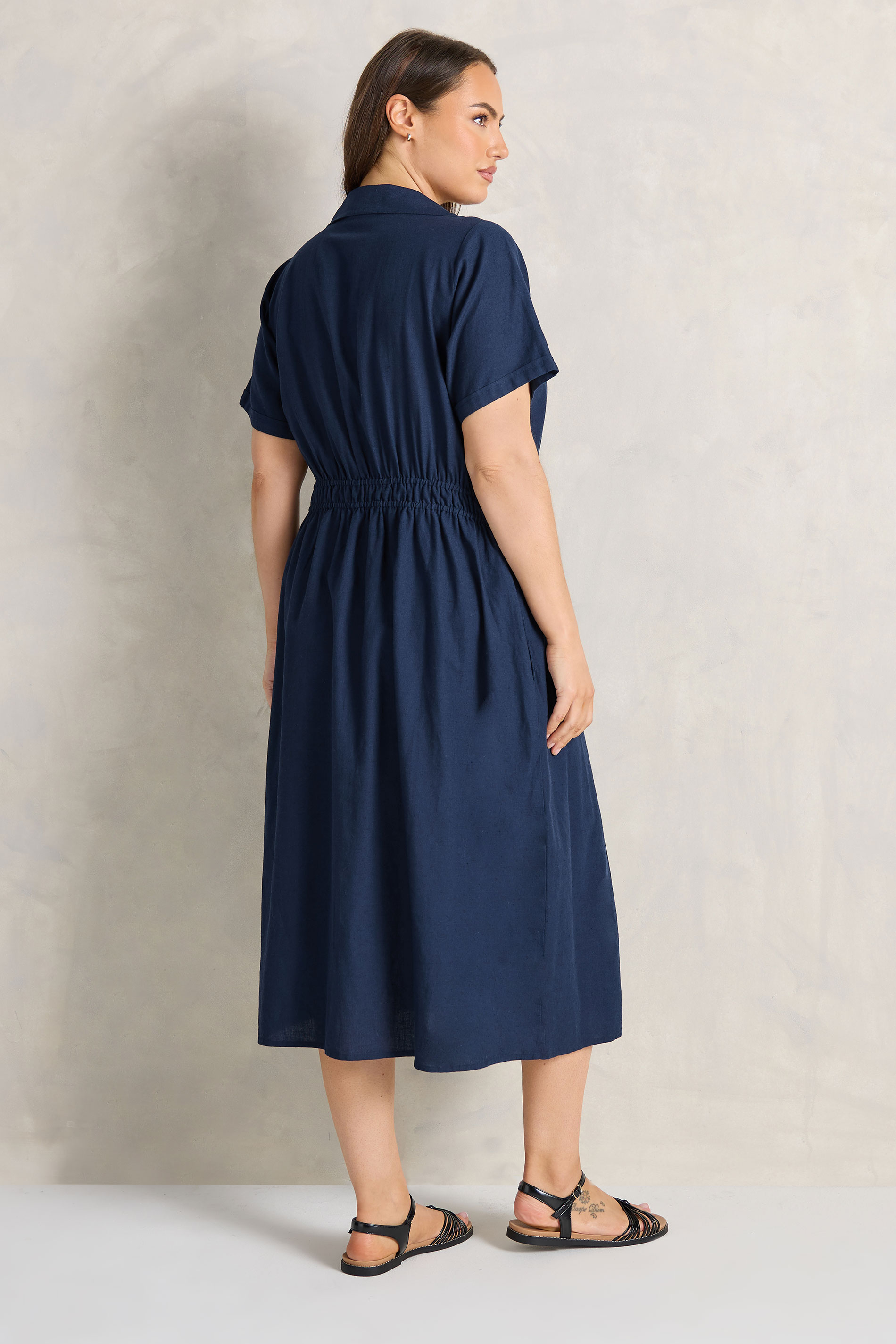 EVANS Plus Size Navy Blue Linen Shirred Waist Midi Dress | Evans 2