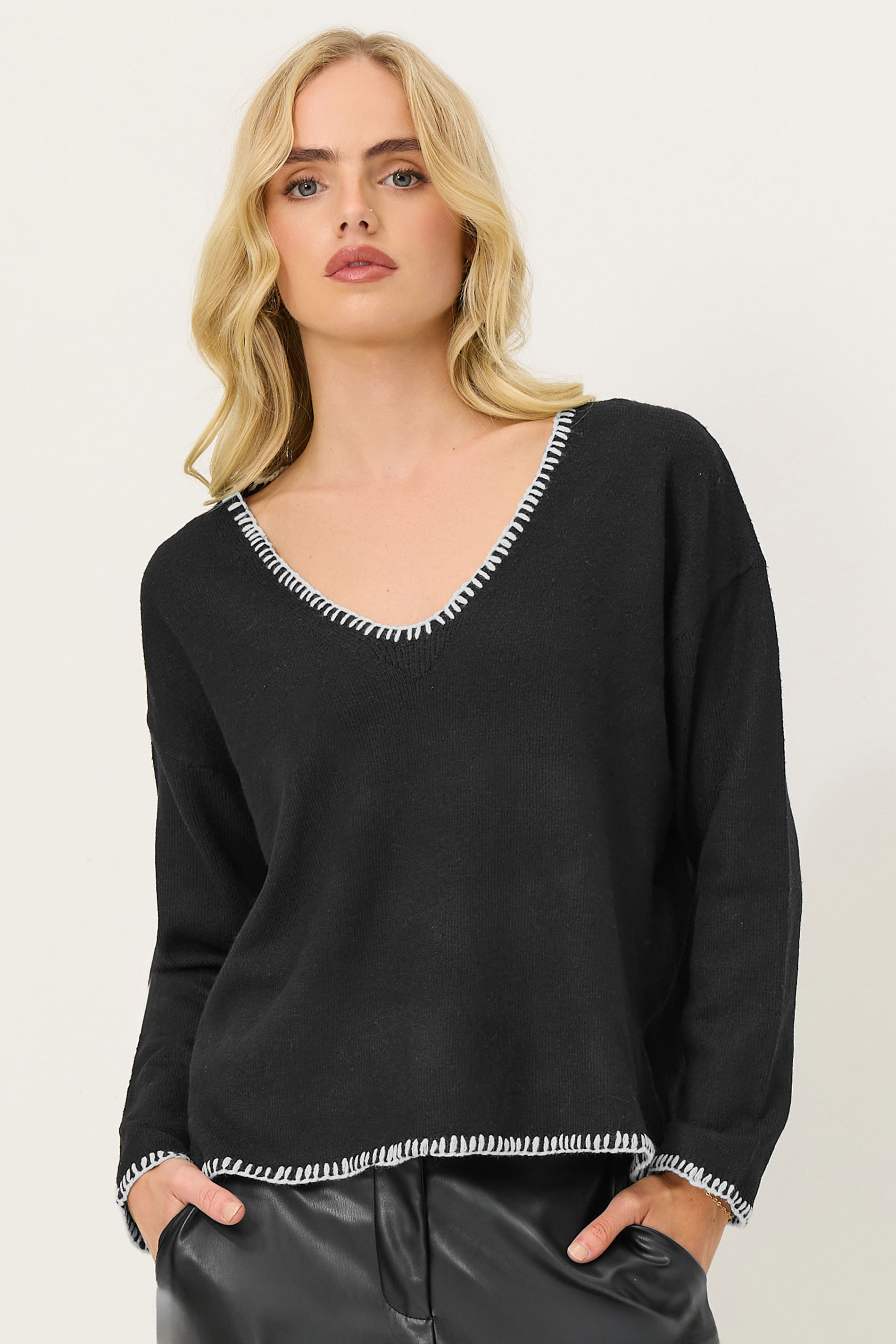 PixieGirl Petite Women's Black Knitted Contrast Stitch Jumper | PixieGirl 3