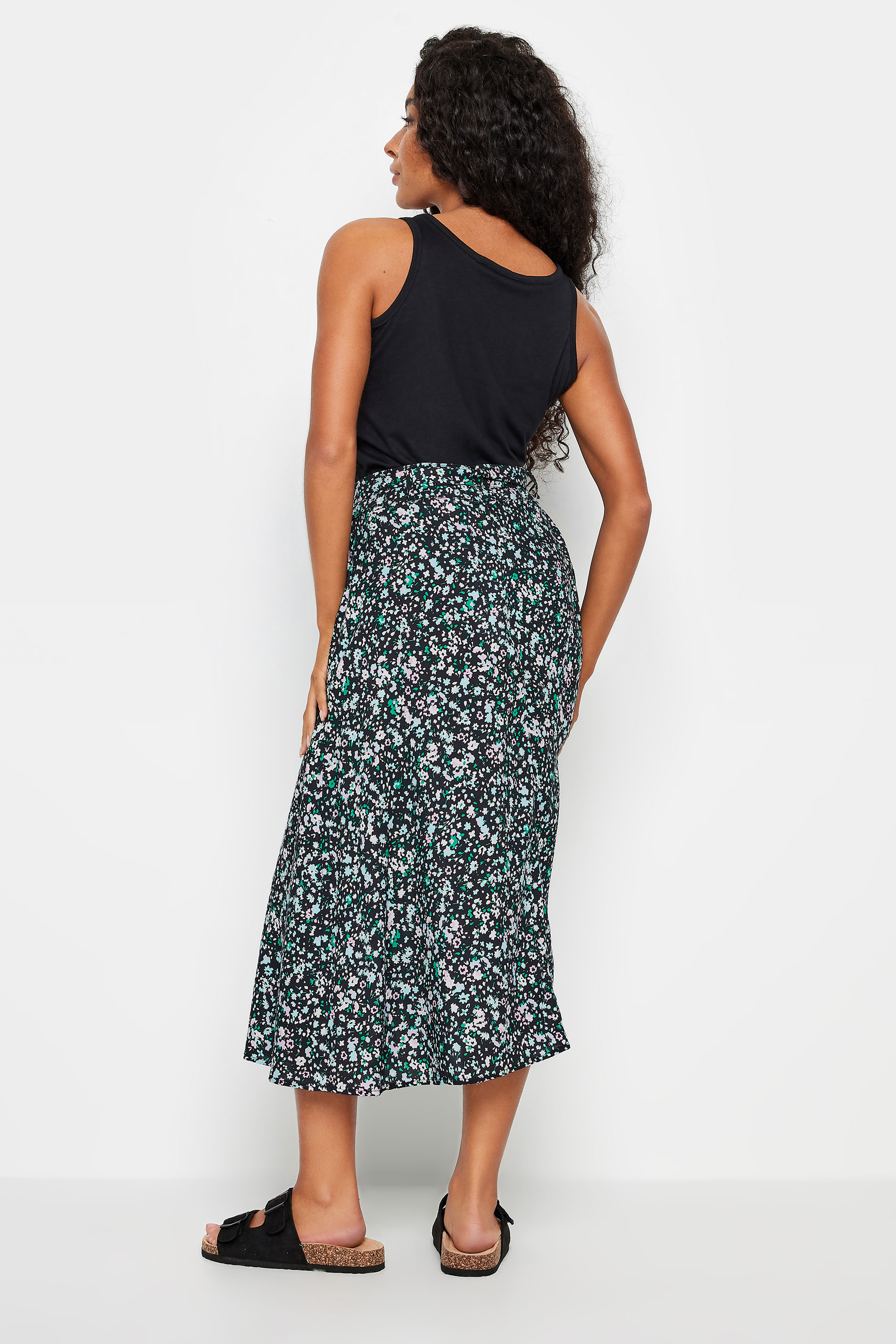 M&Co Petite Black Ditsy Floral Print Belted Midi Skirt | M&Co 3