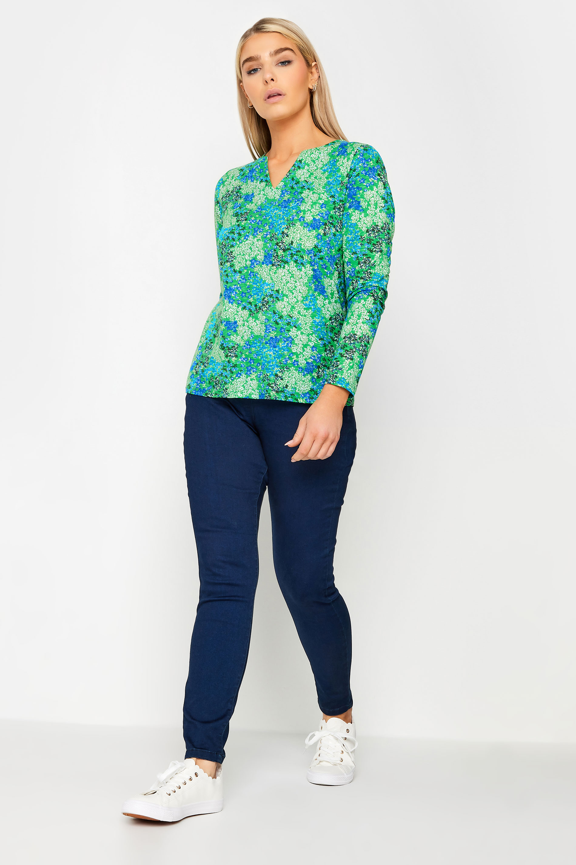 M&Co Green Ditsy Floral Notch Neck Long Sleeve Top | M&Co 2