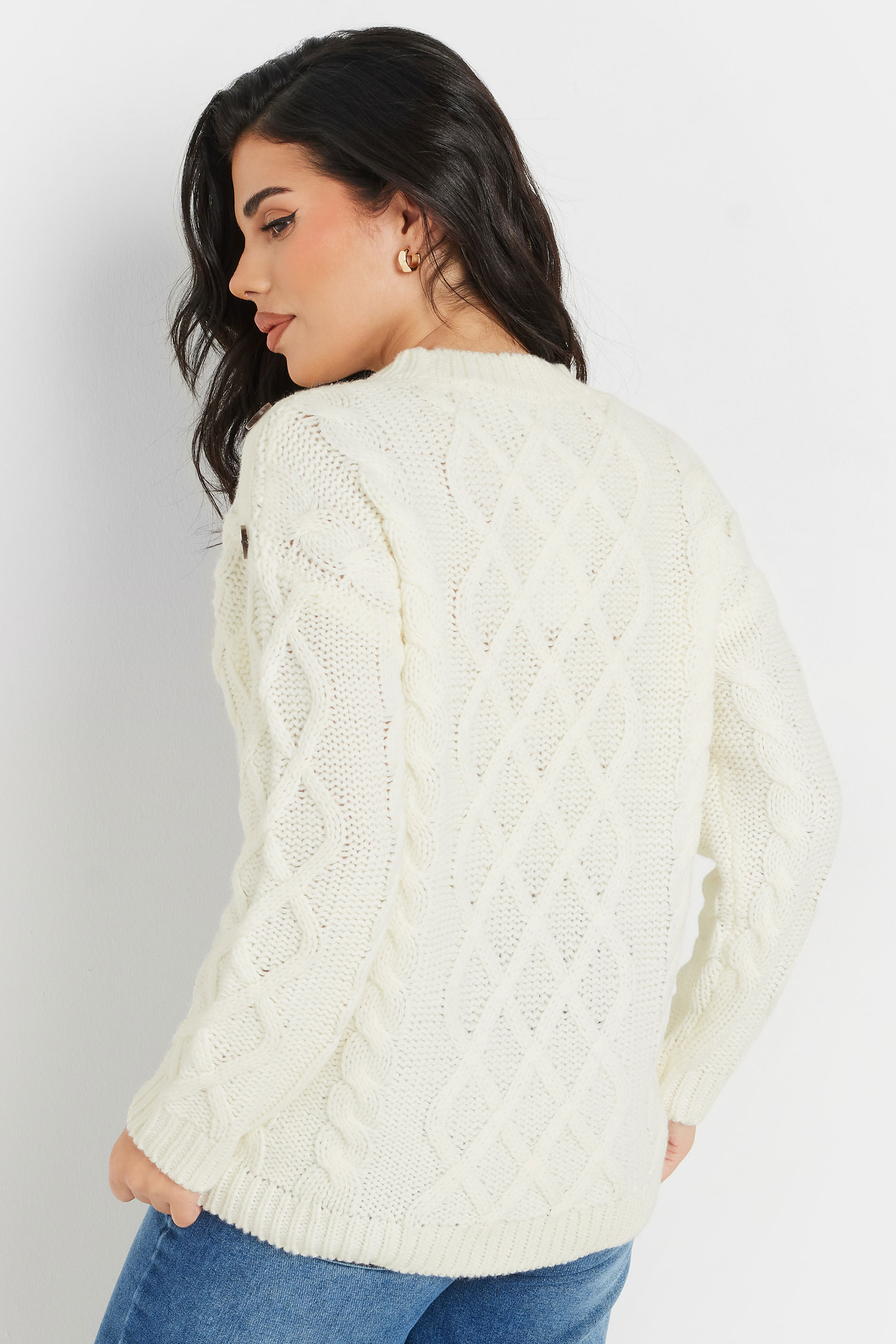 PixieGirl Petite Women's Ivory White Cable Knit Button Jumper | PixieGirl 2