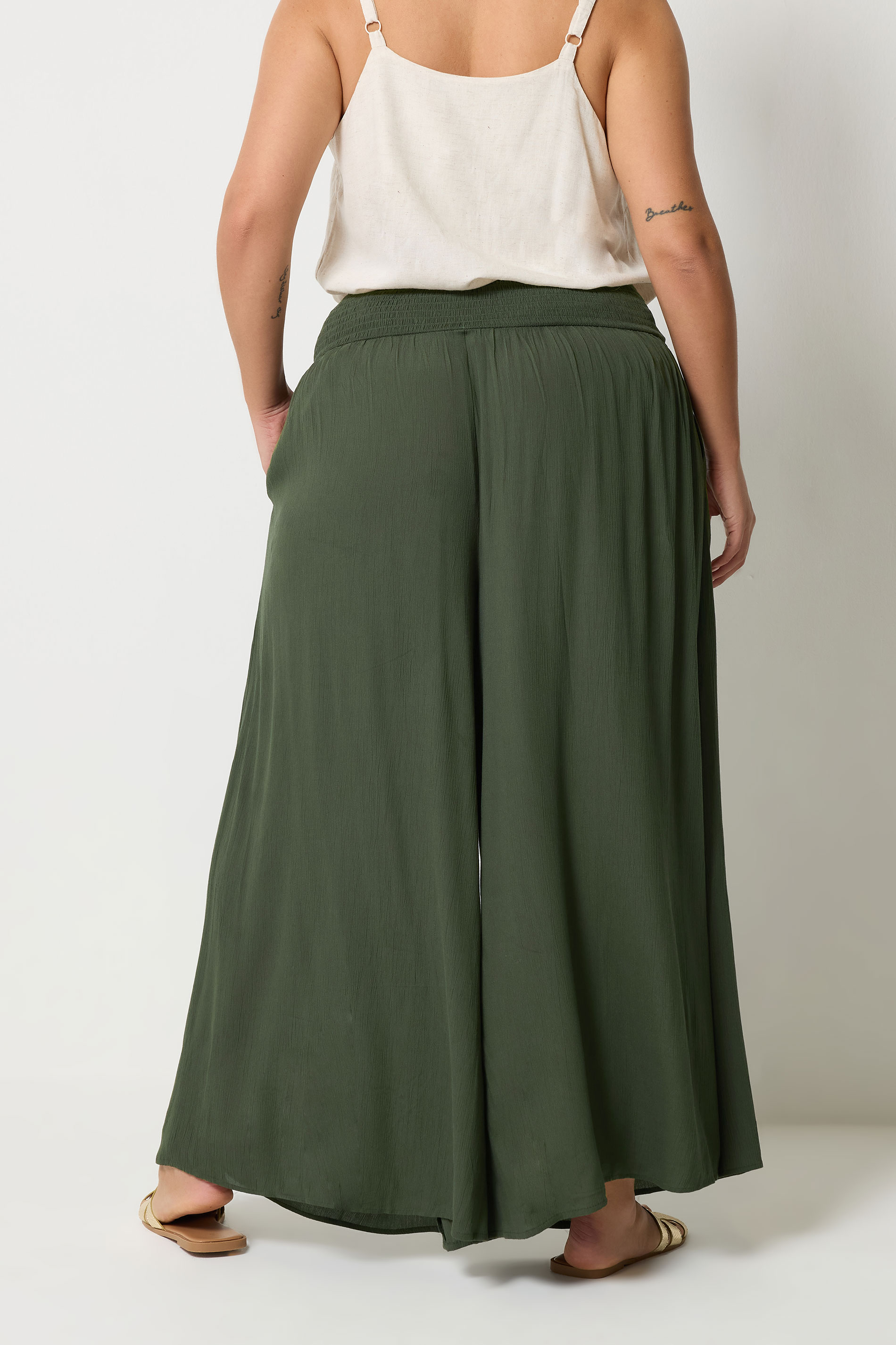 YOURS Plus Size Olive Green Shirred Trousers | Yours Clothing 2