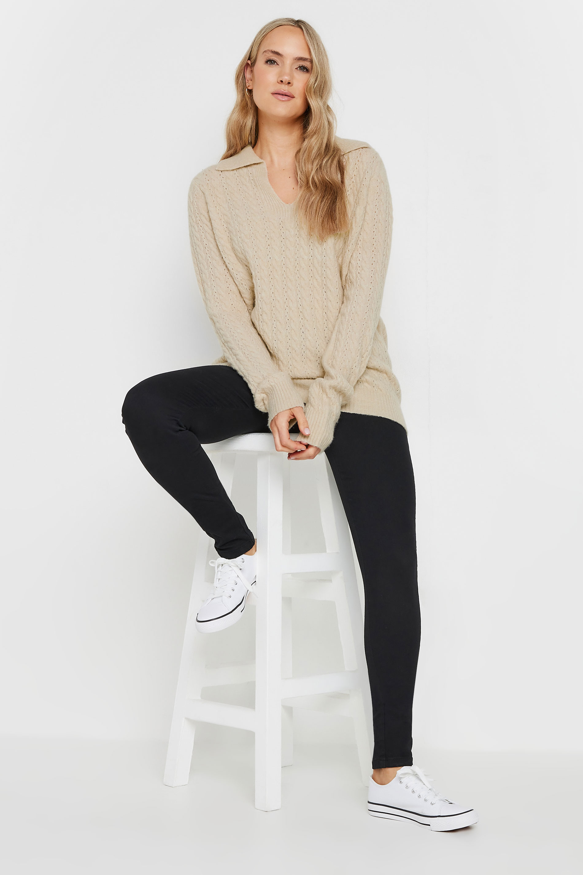 LTS Tall Beige Brown Open Collar Cable Knit Jumper | Long Tall Sally 1