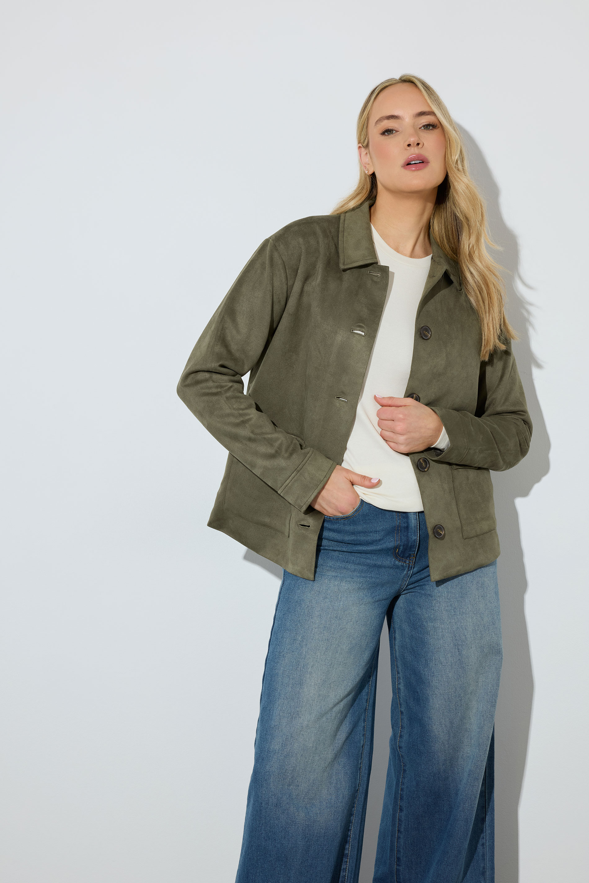 LTS Tall Women's Khaki Green Faux Suede Trucker Jacket | Long Tall Sally 1
