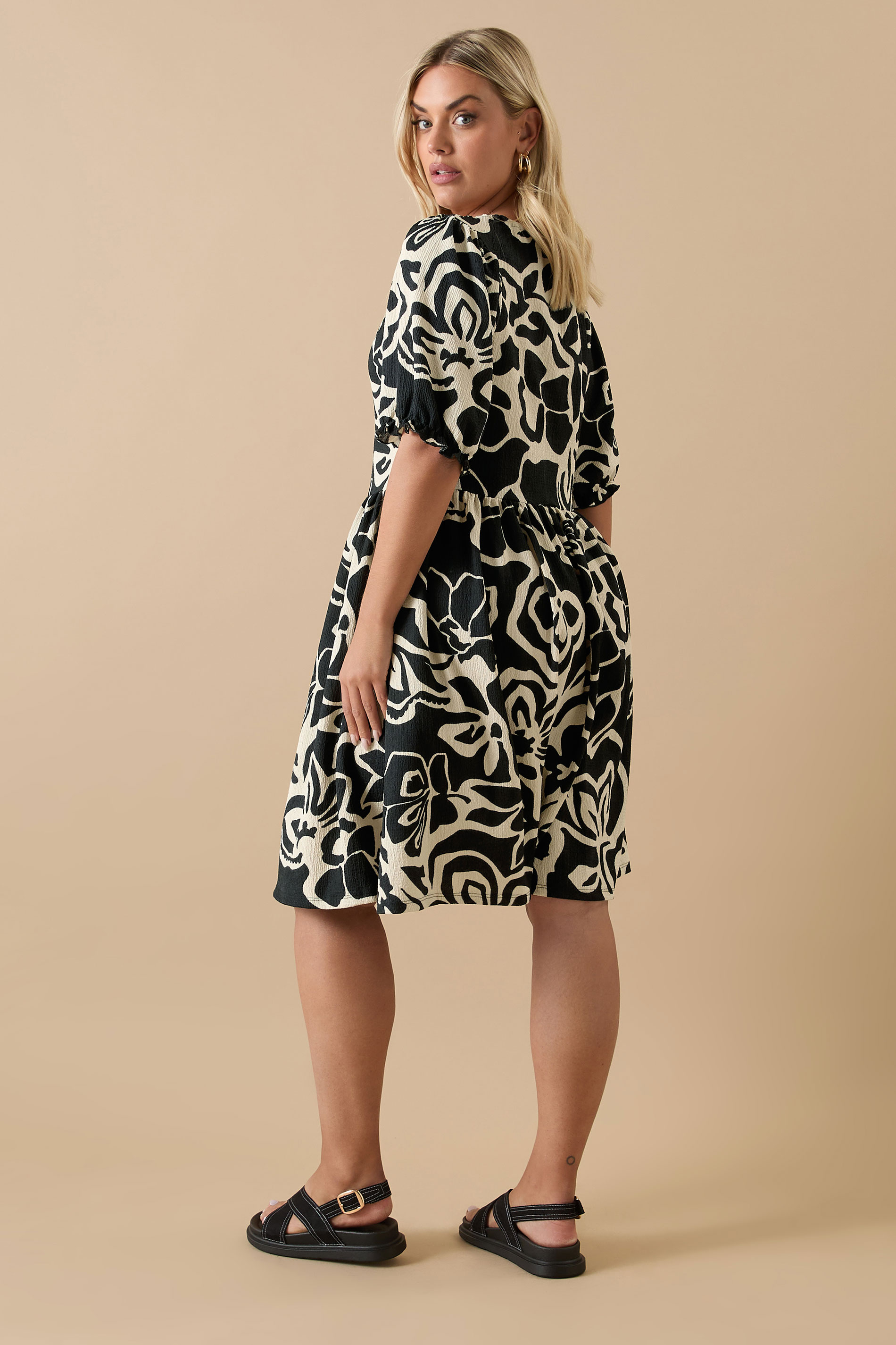 YOURS Plus Size Black Abstract Floral Tie Neck Mini Dress | Yours Clothing 2