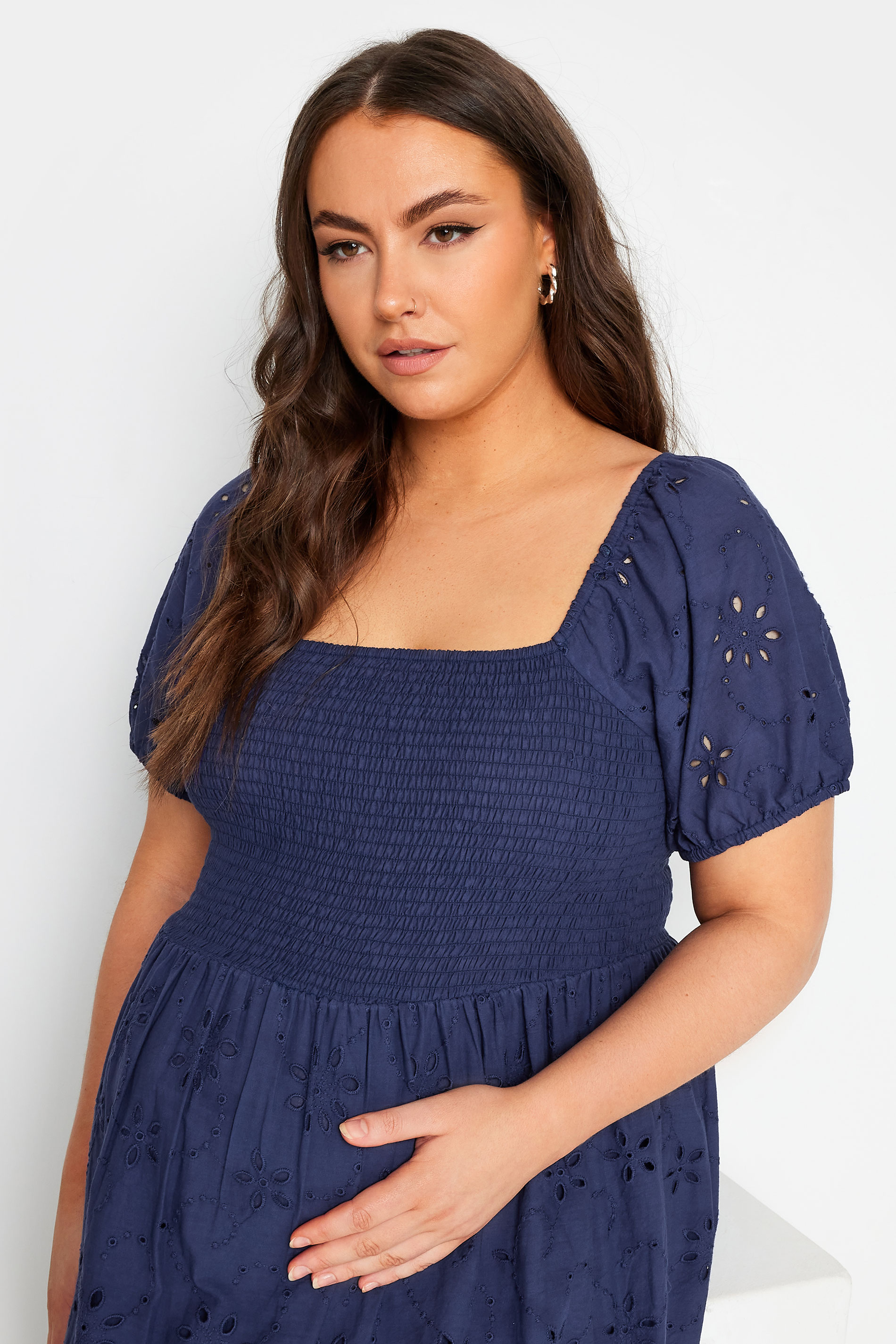 BUMP IT UP MATERNITY Plus Size Navy Blue Cotton Broderie Midi Dress | Yours Clothing 4