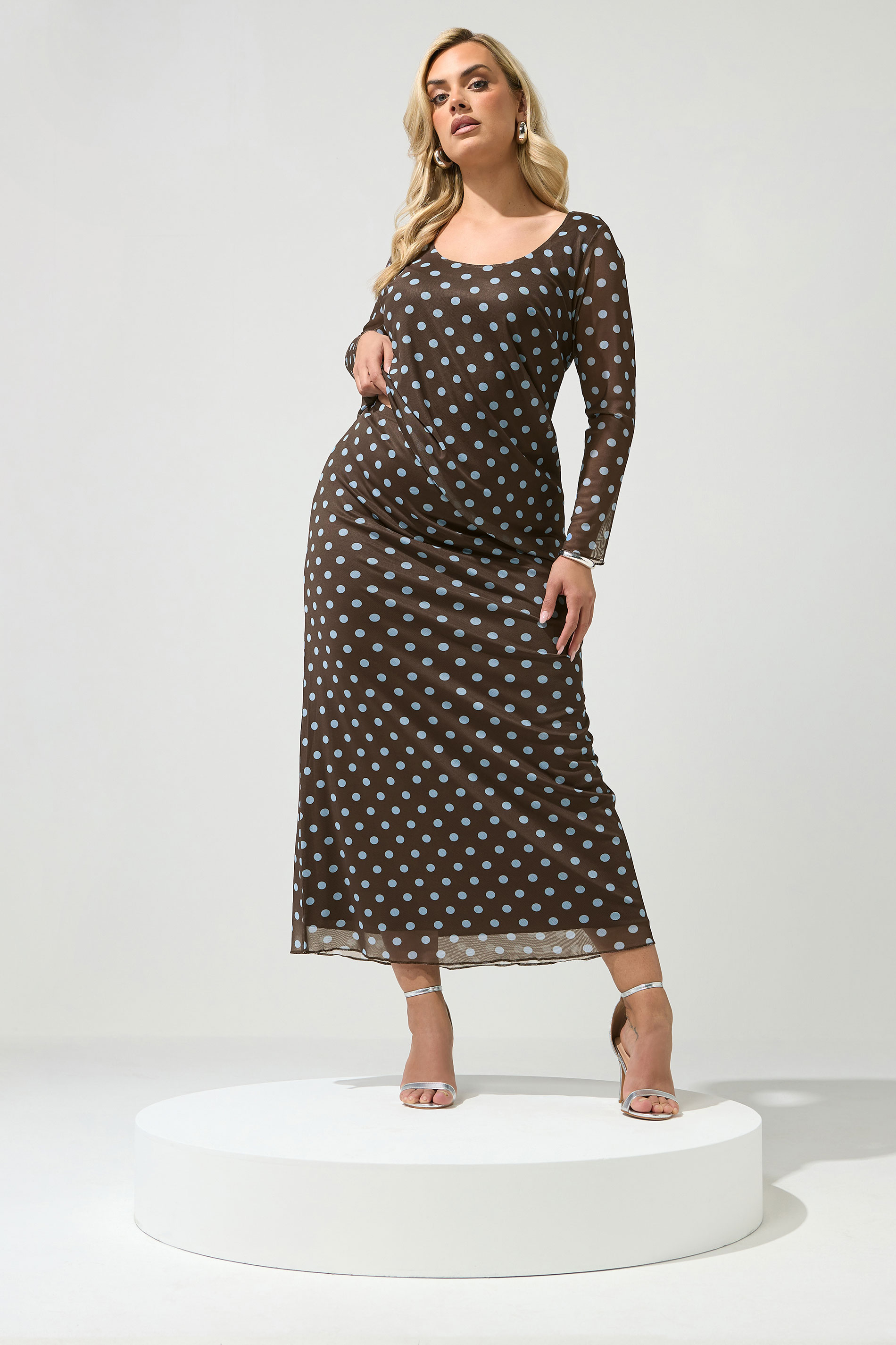 YOURS LONDON Plus Size Brown & Blue Polka Dot Long Sleeve Top | Yours Clothing 3
