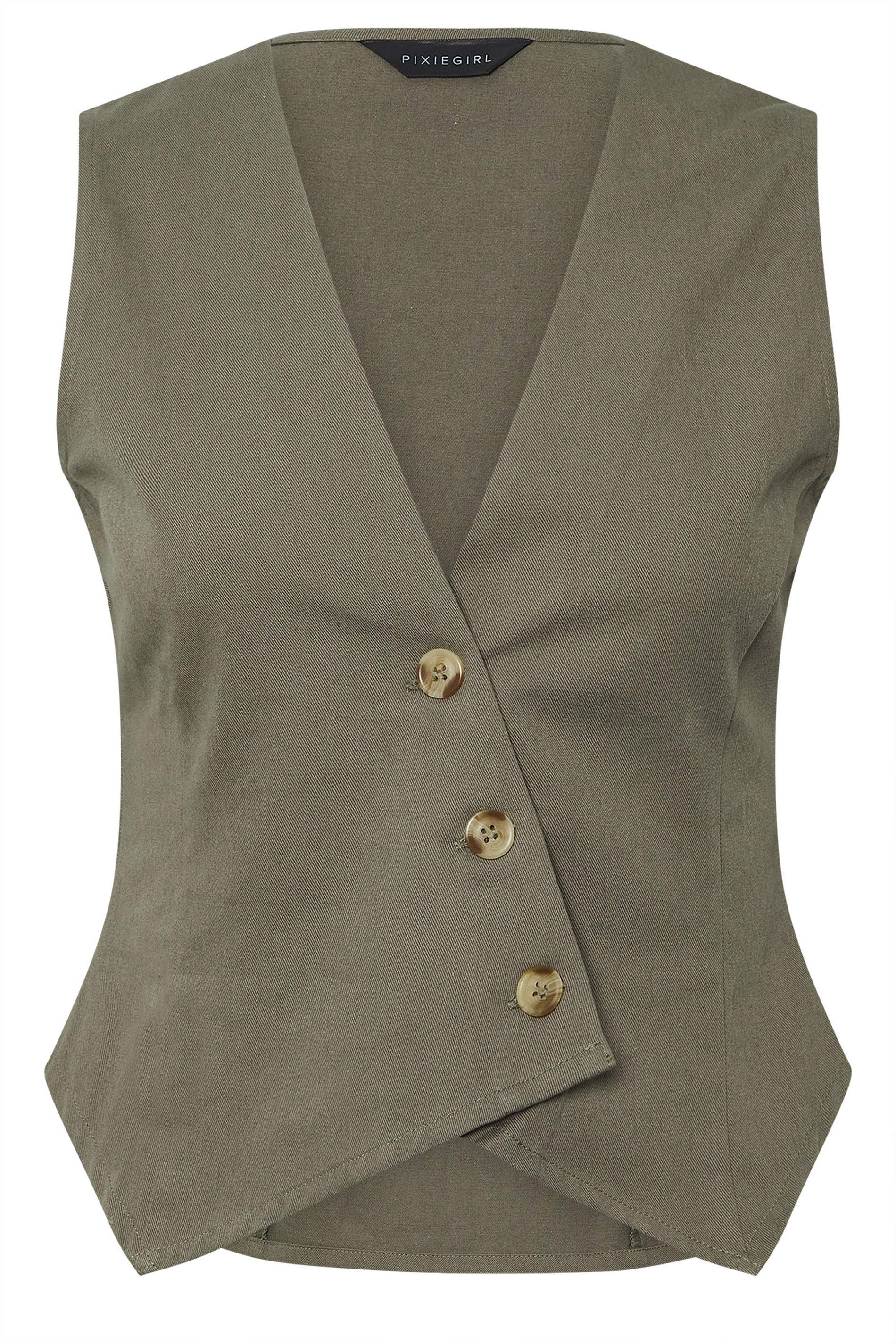 PixieGirl Petite Women's Khaki Green Asymmetric Button Cotton Waistcoat | PixieGirl 7